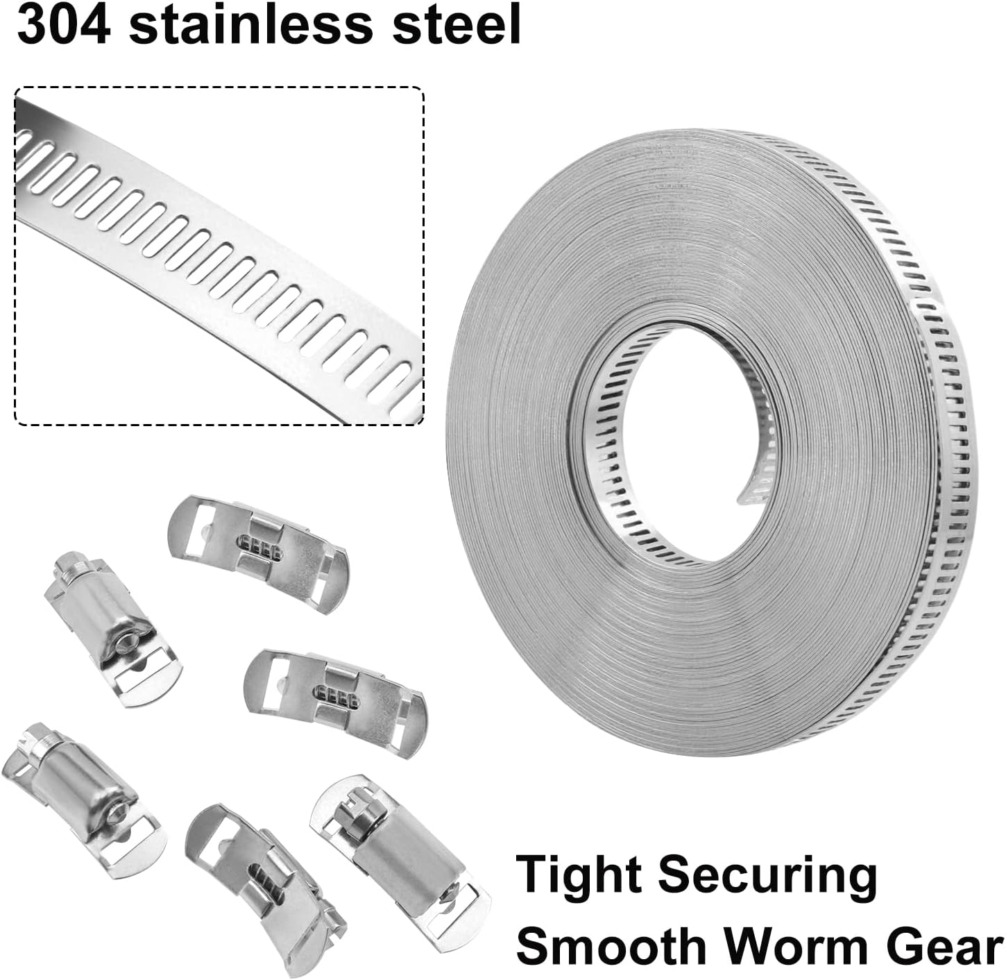 304 Stainless Steel Hose Clamp Assortment Kit,Include 50FT Metal Strap & 24 Stronger Fasteners, Large Adjustable Worm Gear Hose Clamps for Pipe, Tube, Duct, and More