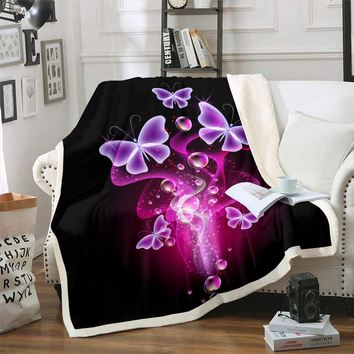 Butterfly Plush Blanket Girly Butterflies Print Fleece Sherpa Blanket for Chair Sofa Couch Women Purple Flying Insects Decor Throw Blanket Chic Luxury Animal Pattern Baby 30"x40" — image 1