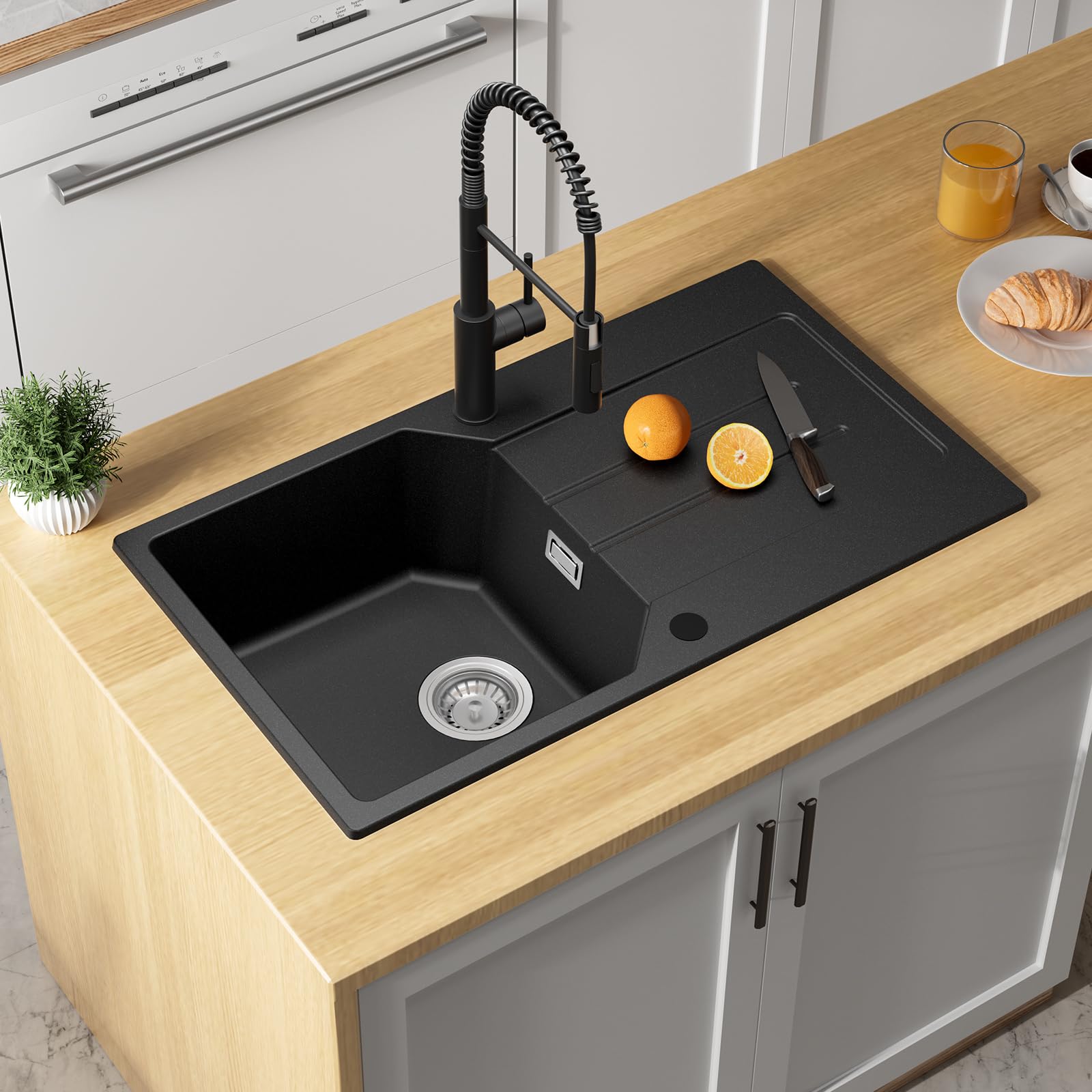 ANYCEE Fregadero Negro 78x45 cm con Escurridor, Fregadero Granito Para Mueble Bajo 45 cm