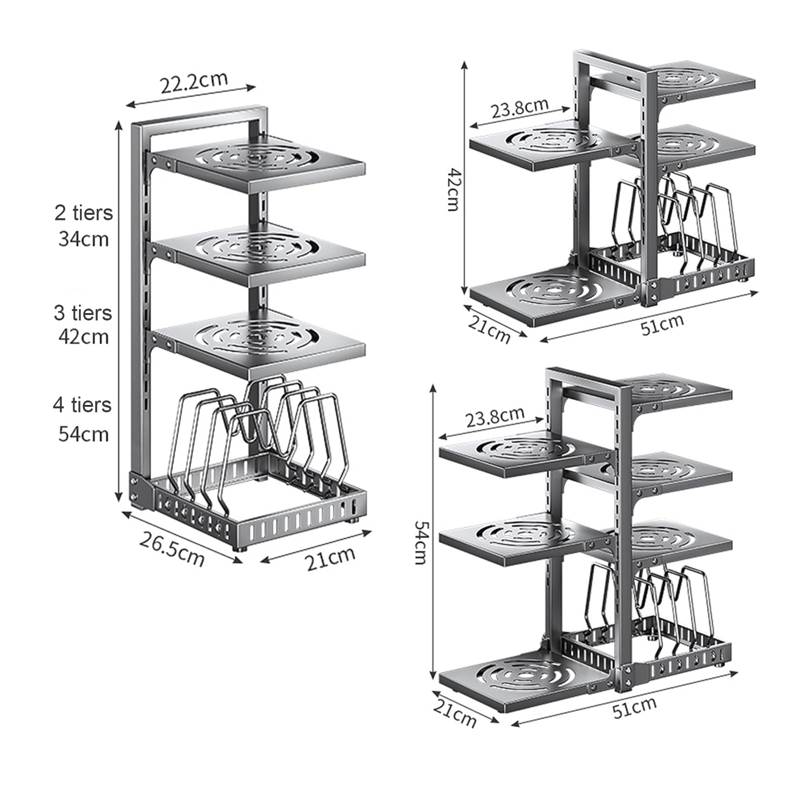 Estante ajustable para debajo del gabinete, organizador de cocina para ollas y sartenes, solución de almacenamiento que ahorra espacio para ollas grandes, diseño gris de 5º piso