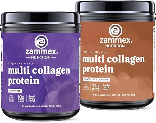 Zammex Polvo multi de la proteína del colágeno sin sabor+multi del colágeno del polvo de la proteína del chocolate del coco