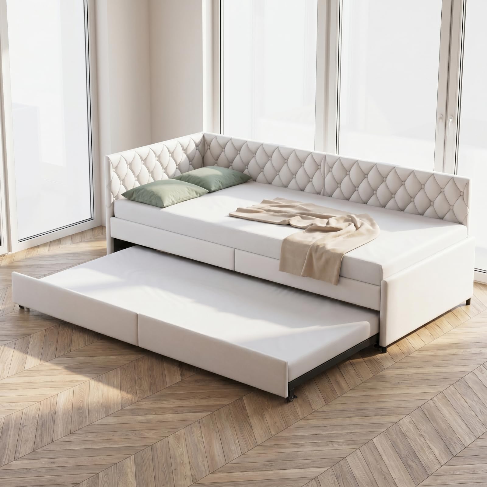 Divano letto estensibile 90/180 x 200 cm, letto matrimoniale divano, letto 2 posti divano letto estraibile, Senza materasso (Beige 1, Velluto, 90/180 x 200 cm)