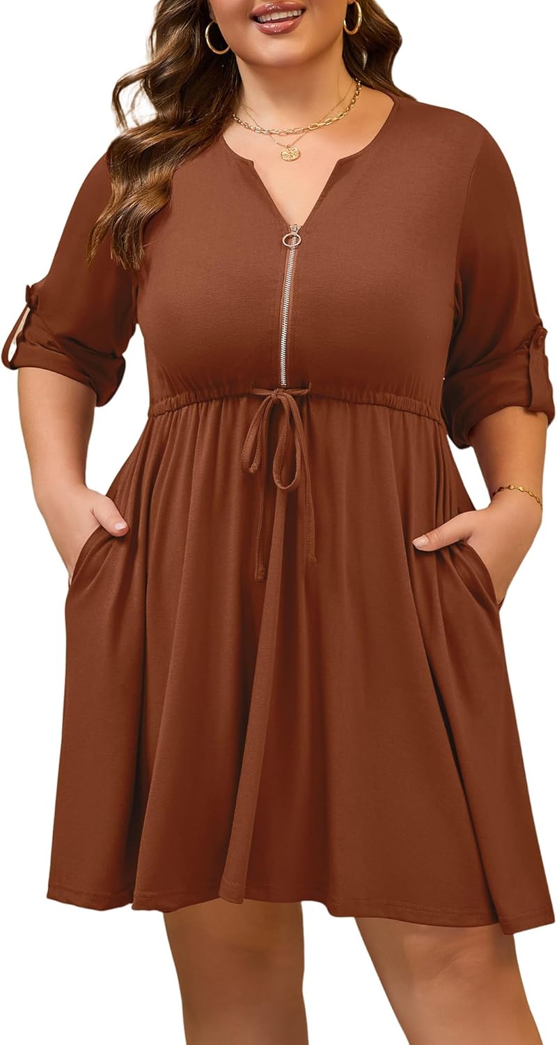 Womens Plus Size Dress Casual Roll up 3/4 Sleeves Zipper V Neck Tie Waist Flowy Loose Dresses with 2 Pockets