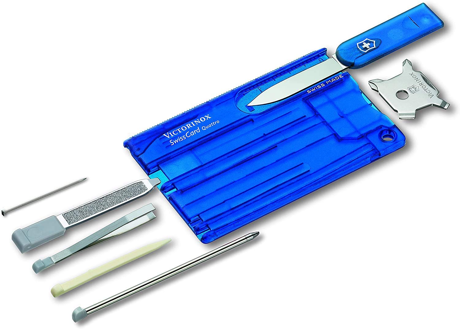 Victorinox Suizo Cartas Quattro Con Impresión Deseada I Regalo para Hombre I Regalos Para Cumpleaños I Suiza Navaja Personalizada 12 Funciones (Azul Transparente)
