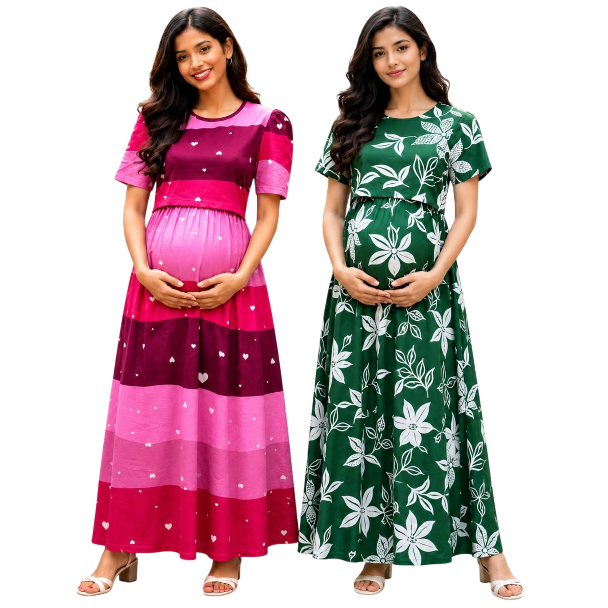 RENIS.Store Women's 100% Cotton Zipless Feeding Maternity Nighty Pack of 2 | Pull Up Nursing Night Dress, Feeding Wear Back Tie with Side Pocket | Pink Color & Green Color | Size - L-image-33