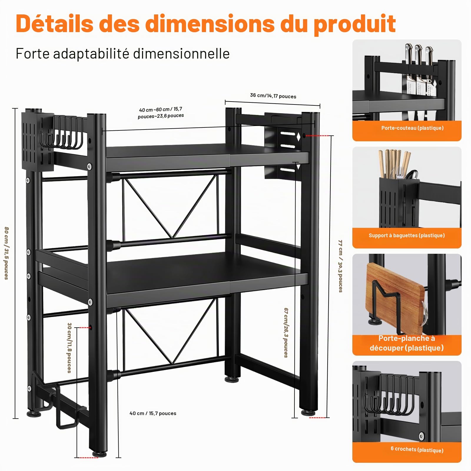 Étagère Extensible à 3 Niveaux pour Micro-Ondes, réglable pour comptoir de Cuisine et Rangement au-Dessus du Four à Micro-Ondes, Couleur Noire