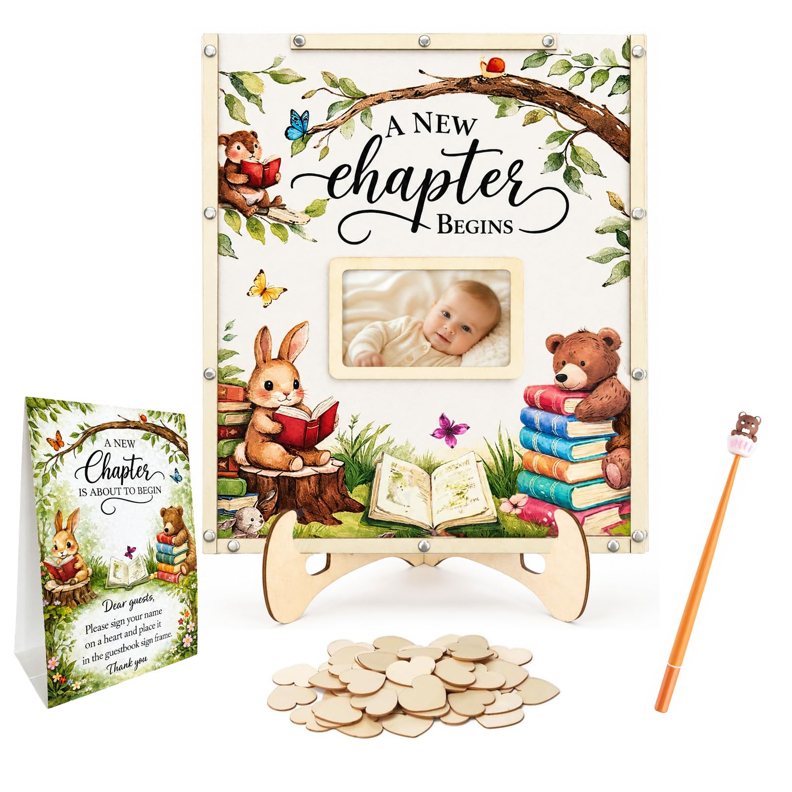 A New Chapter Begins Baby Shower Decorations,Storybook Baby Shower Guest Book Alternatives with Pen,Photo Frame and 60 Heart Wood Slices for 60 Guests,Book Them