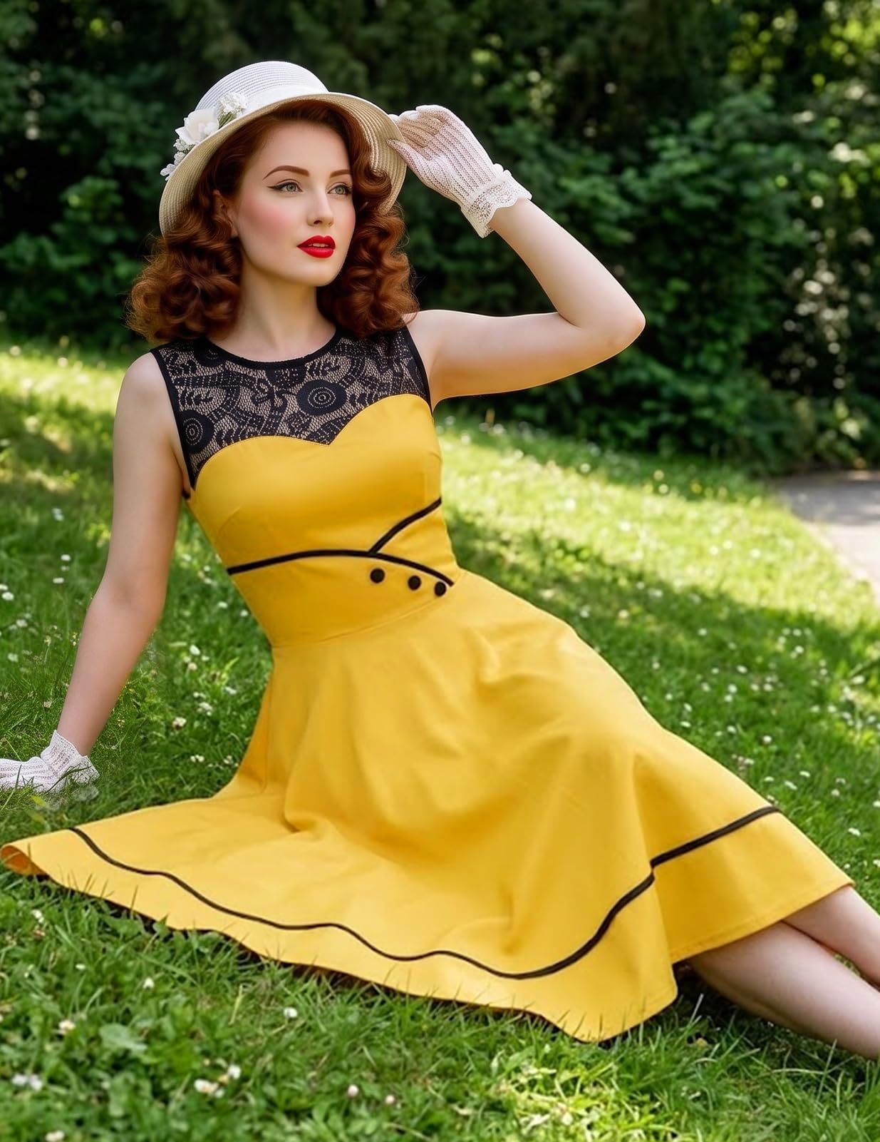 Bbonlinedress Abito da Cocktail da Donna Abito in Pizzo Rockabilly Gonna a Pieghe Vintage retrò Anni '50 Elegante Scollo Tondo Senza Maniche
