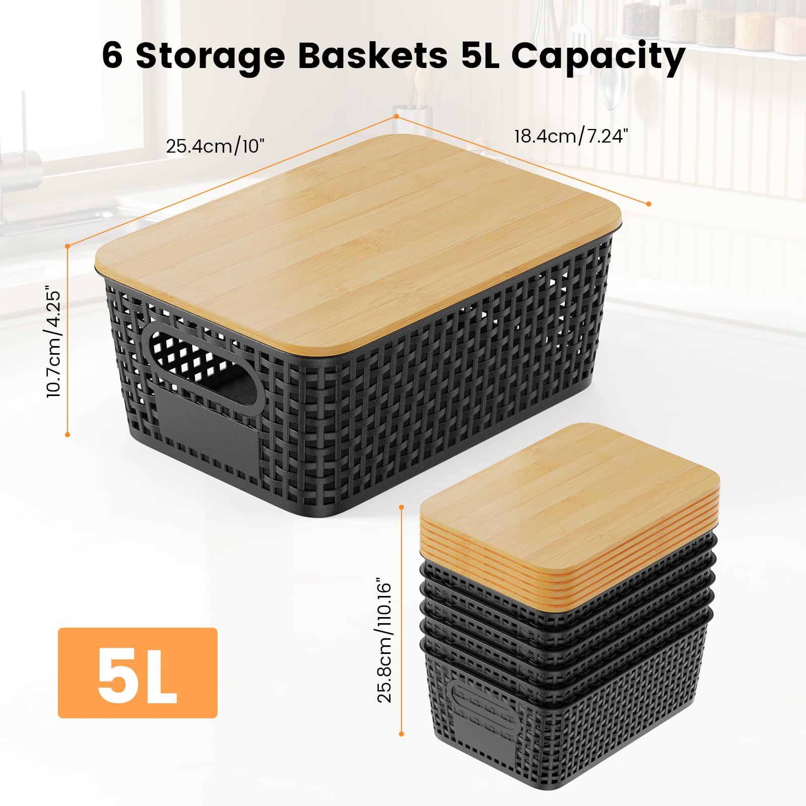 Lot de 6 boîtes de rangement avec couvercles en bambou, boîtes de rangement pour salle de bain, cuisine pour étagères, armoires, placards et maison (Noir, lot de 6-5 L)