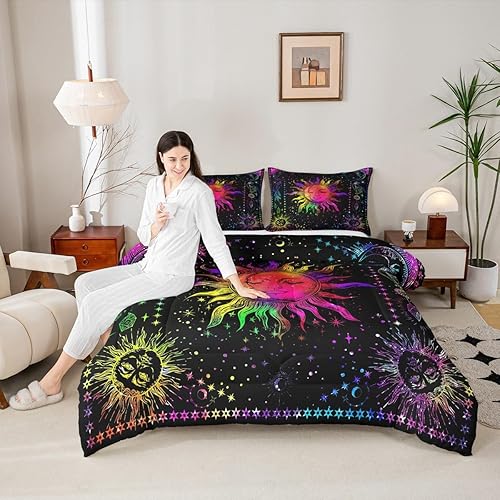 Miniatura 5 de Erosebridal Juego de ropa de cama bohemio con sol y luna, juego de edredón bohemio hippie de 3 piezas, colorido teñido anudado, juego de edredón