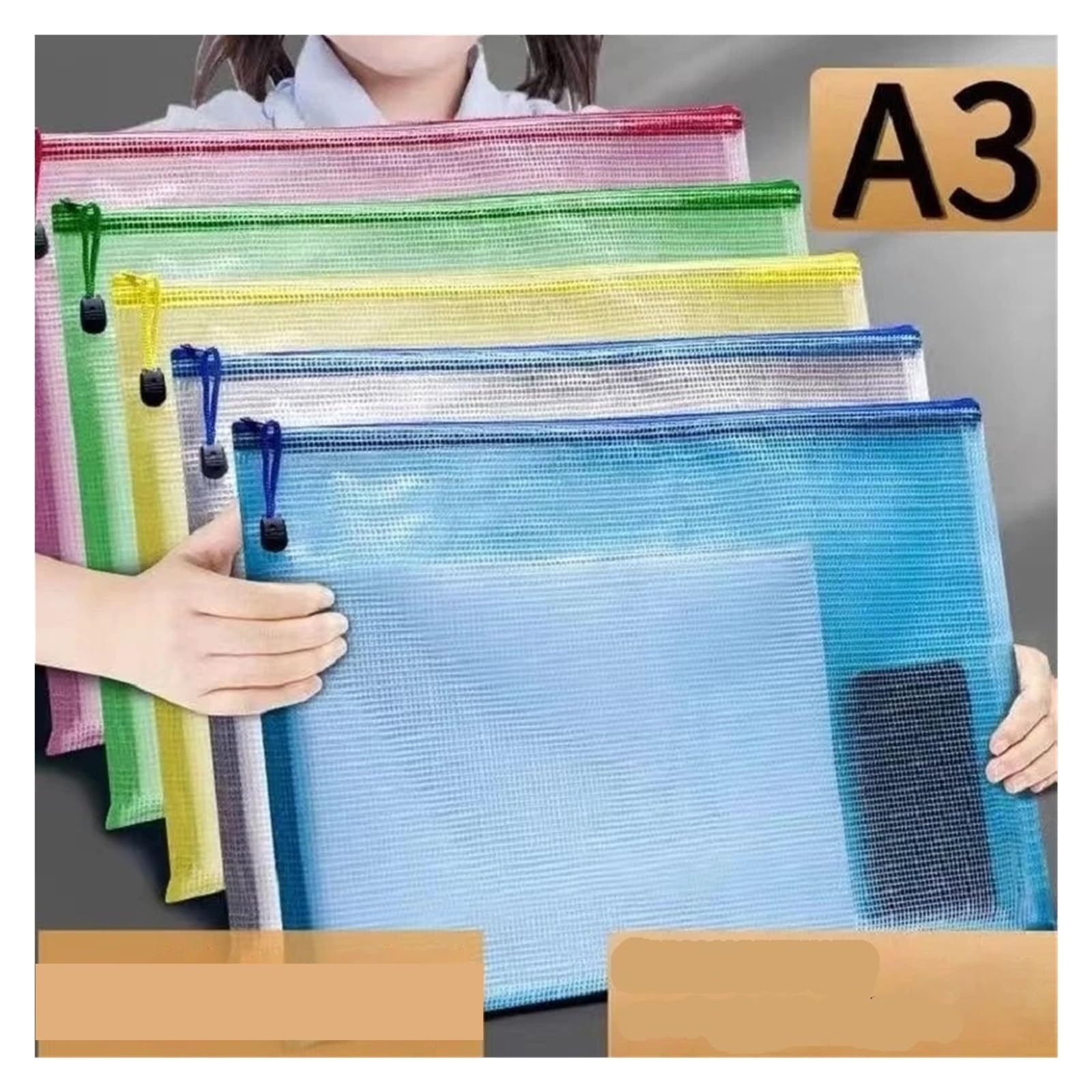 Sacchetti per documenti in plastica, formato A3, trasparenti, con cerniera, antipolvere, in rete, organizer per documenti da ufficio, 24 pezzi