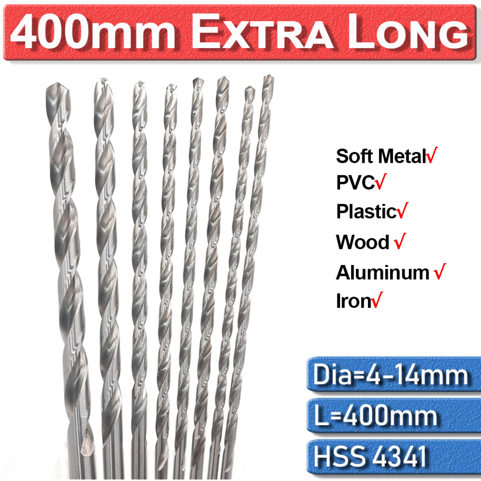 1pc Metal Drilling Twist Drill Bits HSS 400mm Extra Long Drill Bit 6/7/8/9/10/11/12/13/14mm Extra Long High Speed Cobalt Steel,14mm