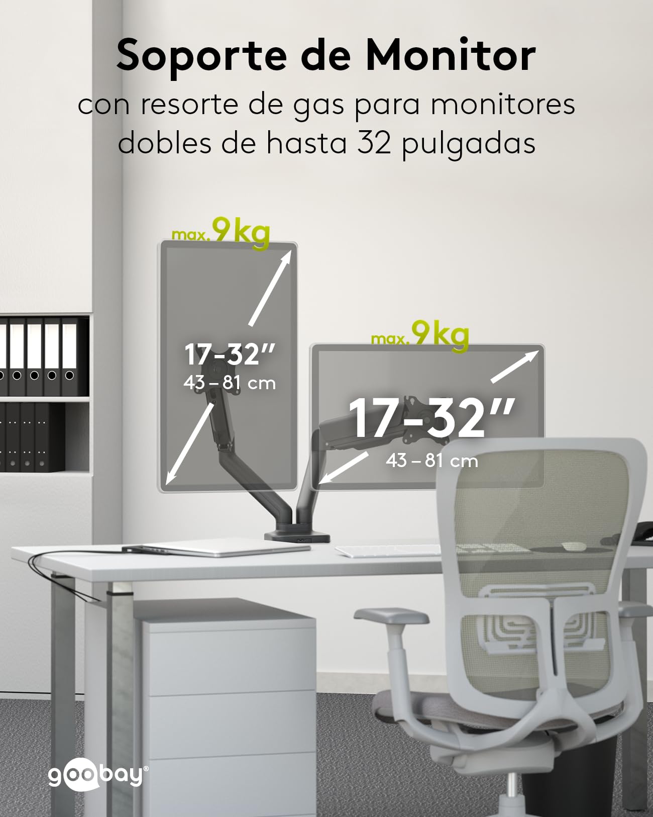 Soporte para 2 monitores Gas 17-32" inclinable Giratorio VESA hasta 9 kg