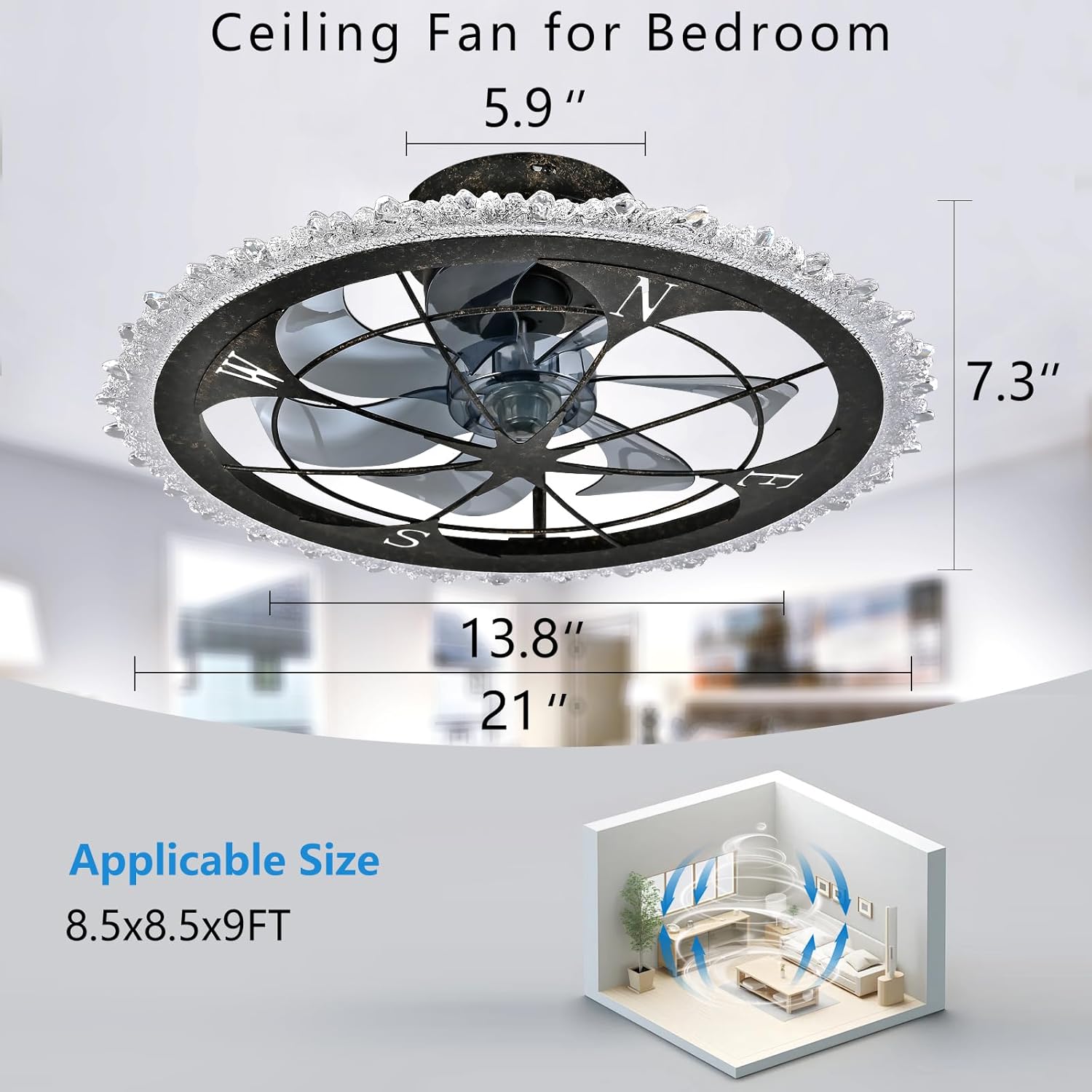 Vintage Caged Ceiling Fan with Light and Remote, Rust Flush Mount Ceiling Fans, Low Profile Fandelier Ceiling Fan, 3 Colors Dimmable LED Lights, for Farmhouse, Kitchen, and Bedroom