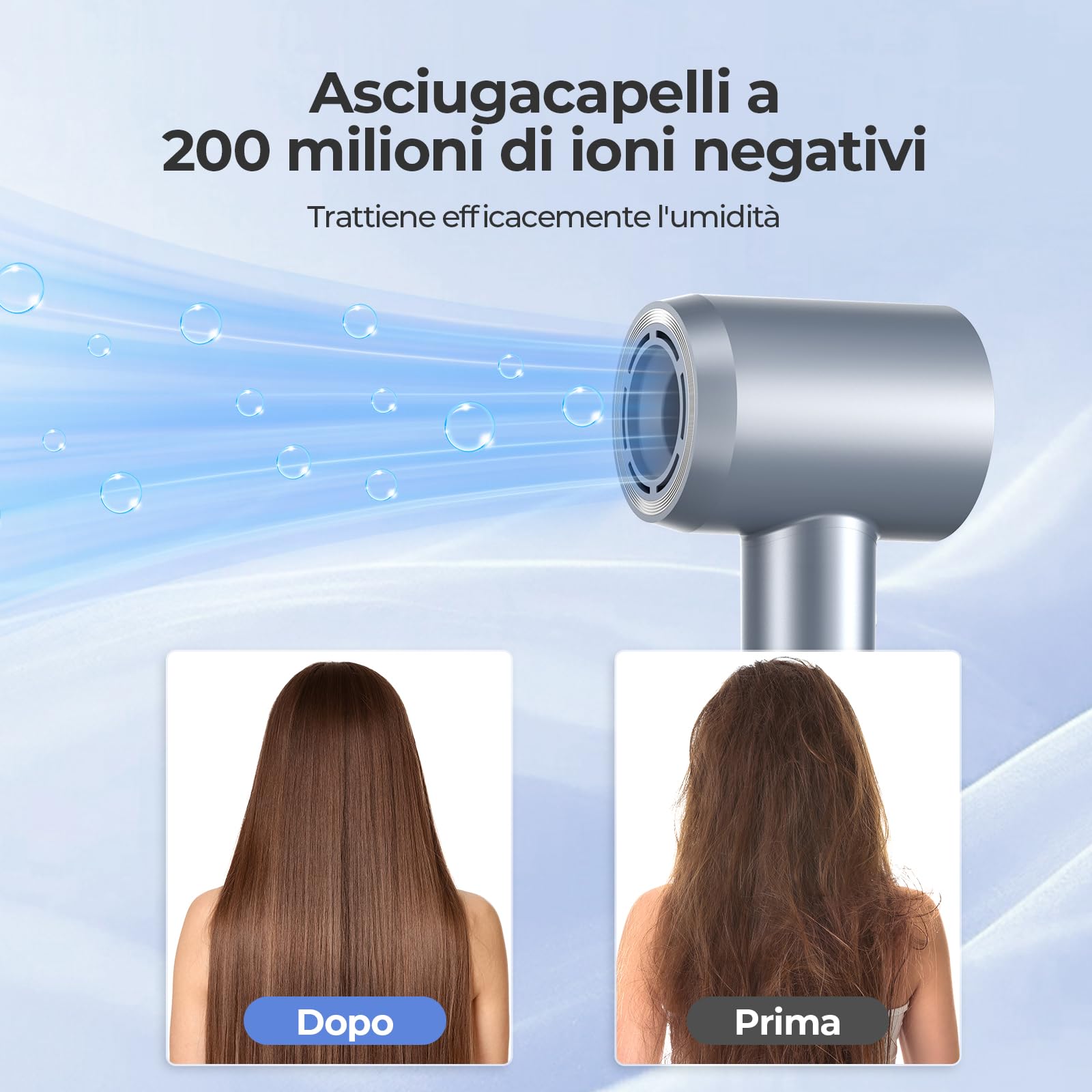 YASHE Asciugacapelli, Motore Brushless da 110.000 Giri/Min, Asciugatura Rapida a 21m/s, 200 Milioni di Ioni Negativi, Phon Capelli con Diffusore e Concentratore, 5 Impostazioni di Calore e 2 Velocità