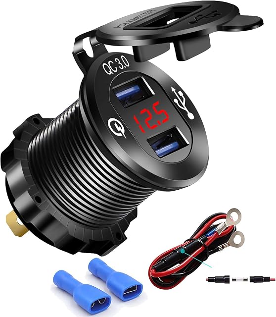 Quick Charge 3.0 USB Charger Socket Dual USB Car Power Outlet Waterproof Marine Cigarette Lighter Adapter 36W Fast Charge with LED Voltmeter for 12V/24V Boat Motorcycle ATV Bus Truck (Black)