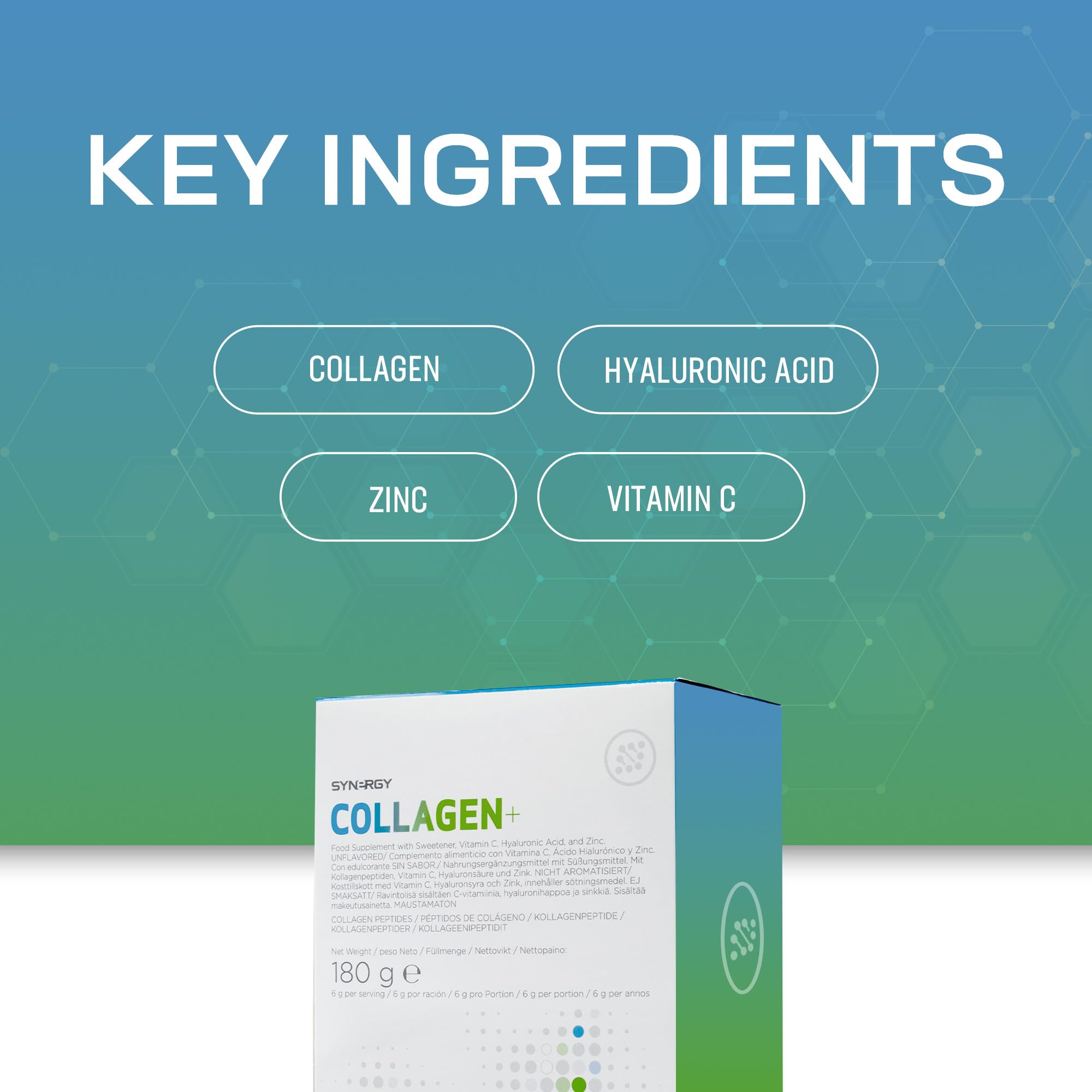 Synergy Worldwide Collagen+ 30 porcji | 5810 mg kolagenu z witaminą C, kwasem hialuronowym i cynkiem | Wspomaga produkcję kolagenu i wzmacnia skórę, włosy, paznokcie i stawy | Bez smaku | 180gr