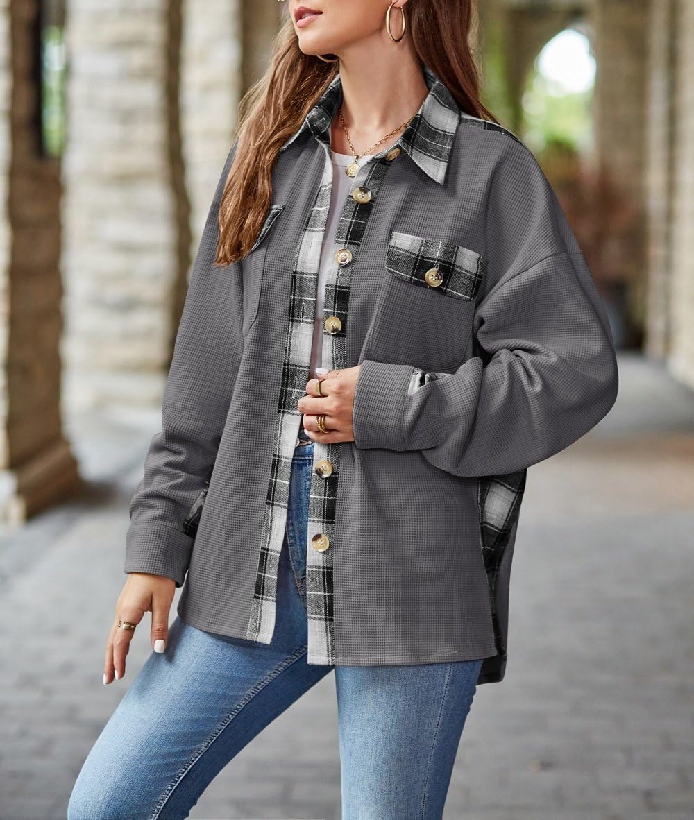Damskie koszule z długim rękawem w kratę patchworkowe na co dzień kurtka szekla, vintage czarny kardigan z klapą koszule zapinane na guziki z kieszenią moda luźna odzież wierzchnia w stylu