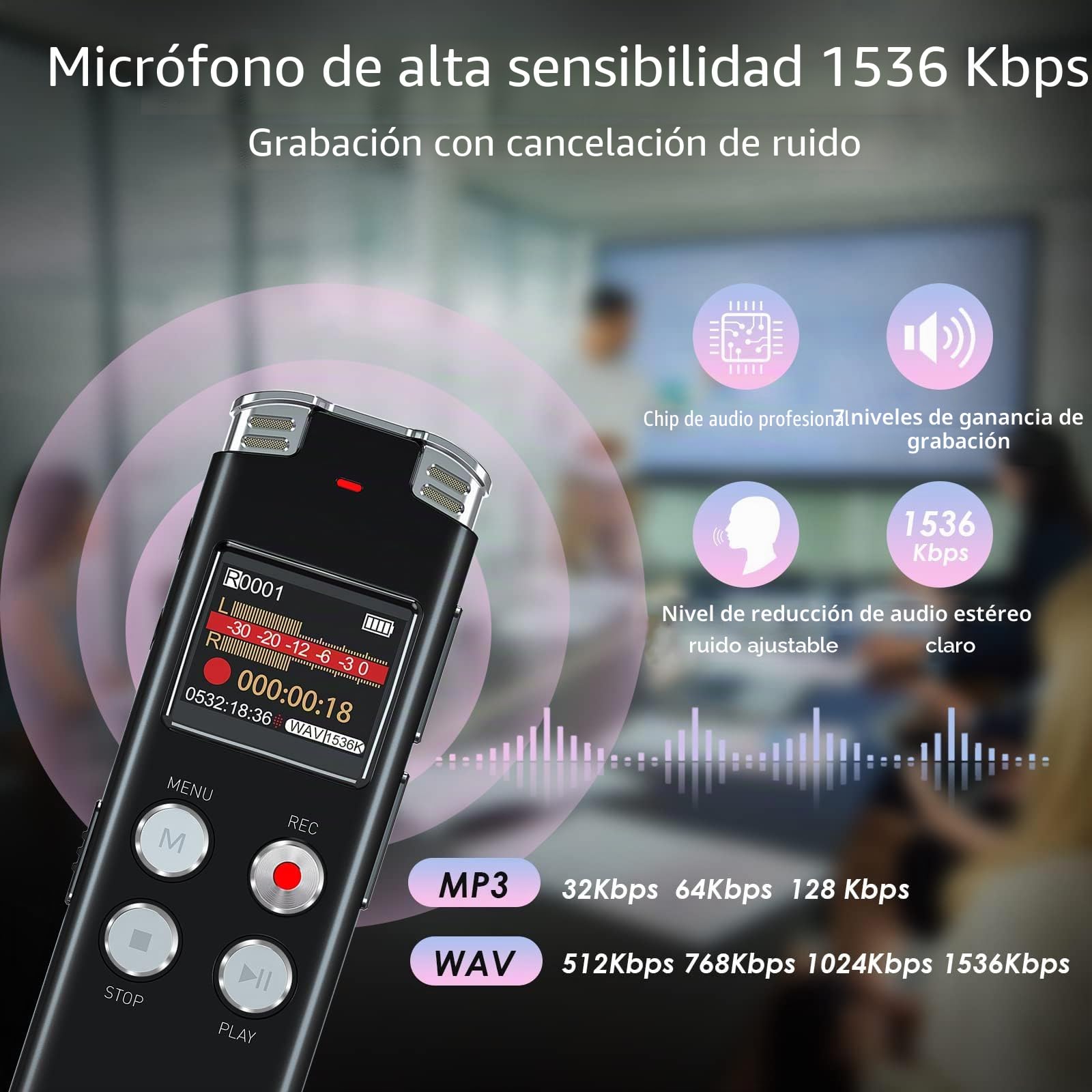 EVISTR Grabadora de Voz Digital 128GB - grabadoro de audio con control de voz y reducción de ruido - grabador dual MIC recargable para conferencias y reuniones