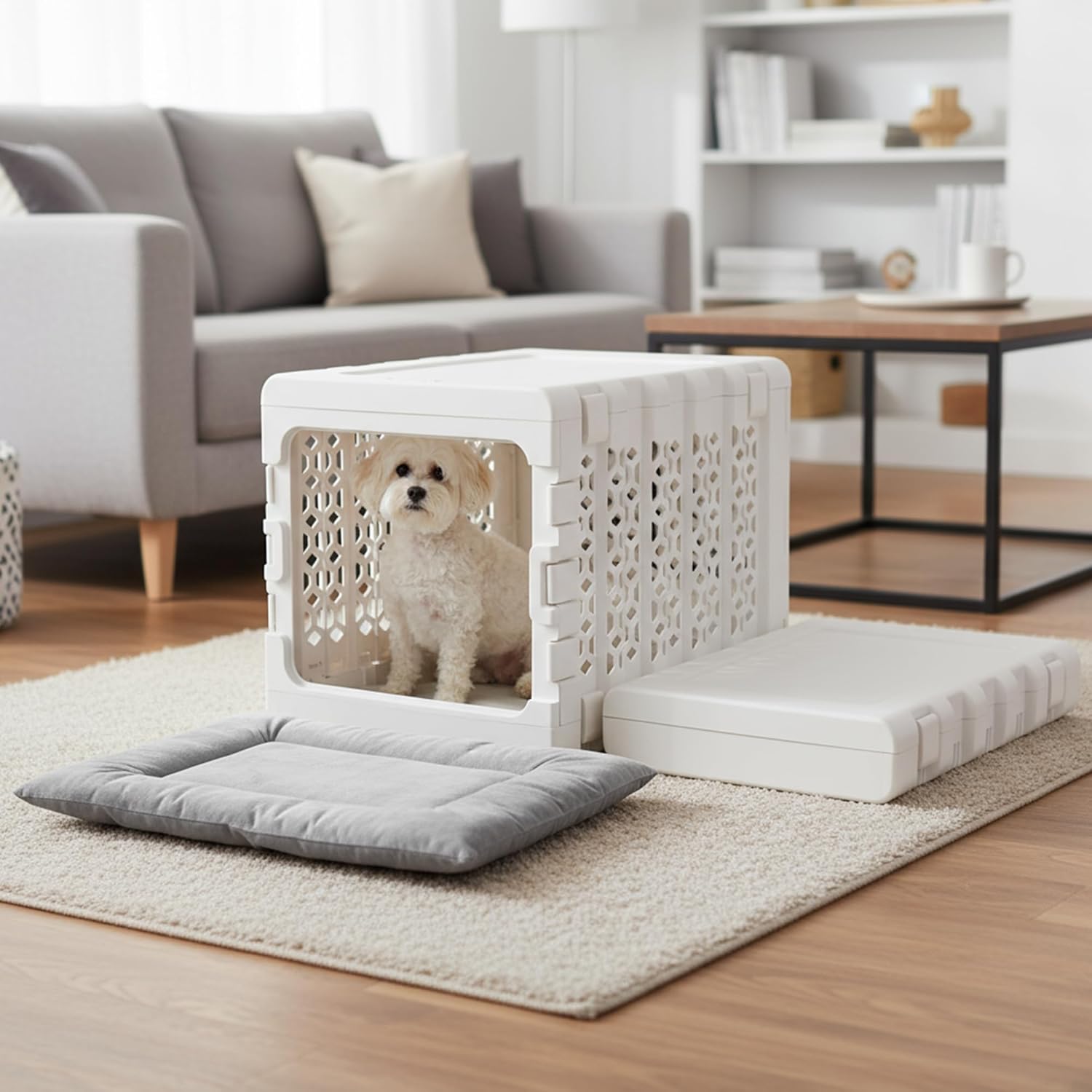 Collapsible Dog Crate with Washable Bed for 15-25 lb Pets – Medium White Collapsible Dog Crate with Washable Bed for 15-25 lb Pets – Medium White