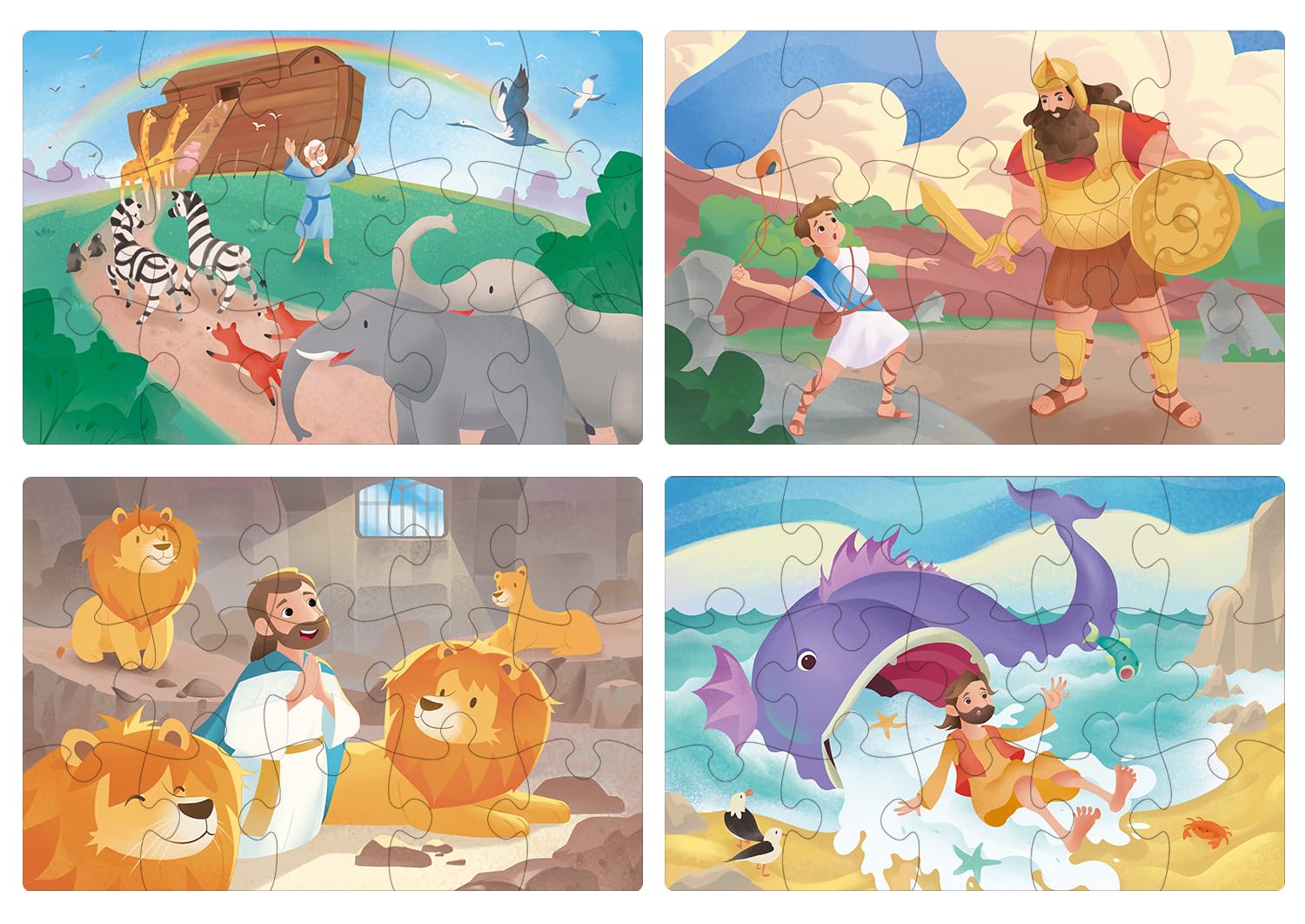 Bible Puzzles for Kids, 4-in-1 Wooden Jigsaw Puzzles in Box 15 Piece Each, Christian Religious Toys for Kids, Noah’s Ark | Daniel in The Lion’s Den | David and Goliath (Old Testament)