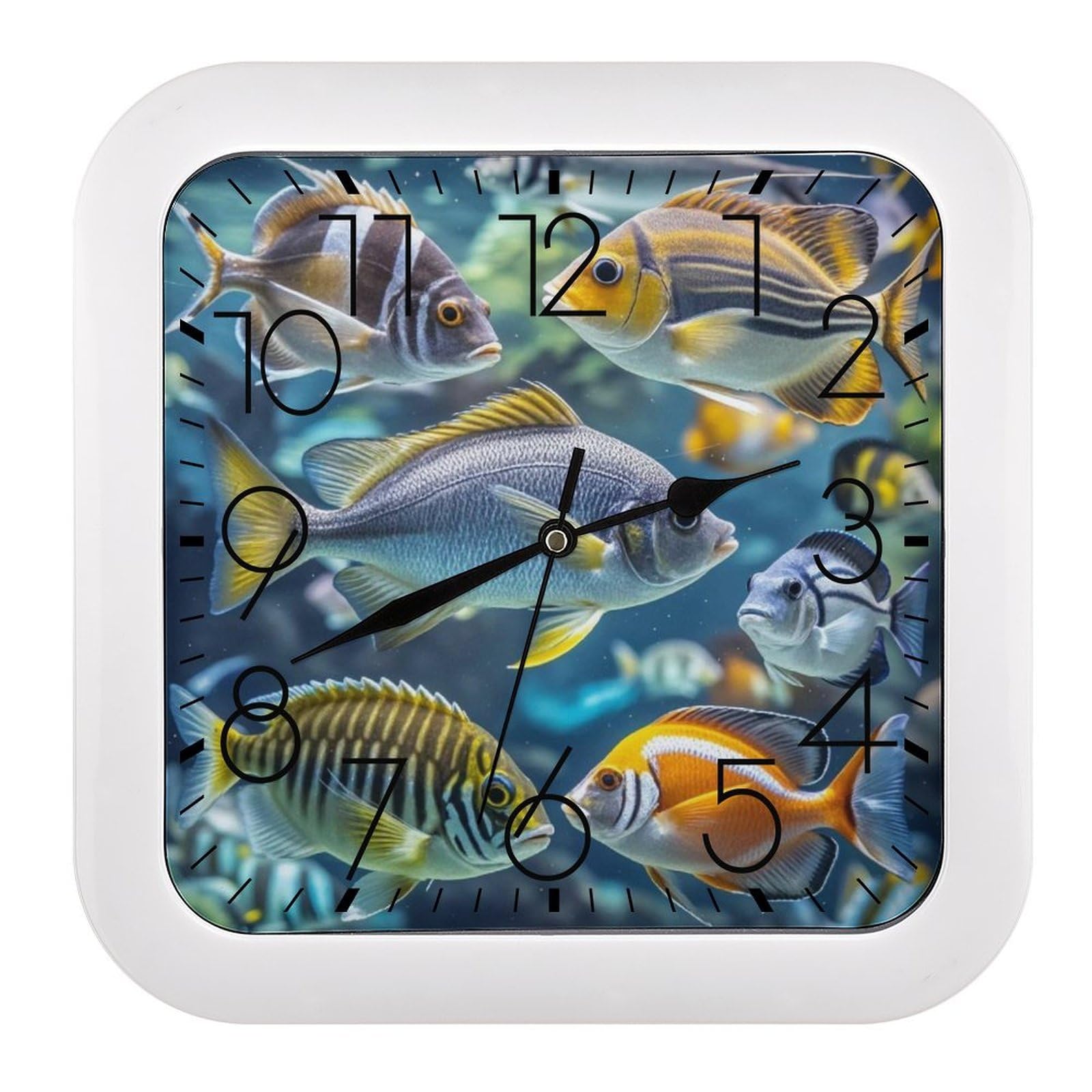 FekiLoot Fish Wall Clock Battery Operated Square Decorative Wall Clocks Silent Non Ticking Analog Clock Modern Retro Vintage Wall Clocks for Kitchen Living Room Office 10.2 Inch
