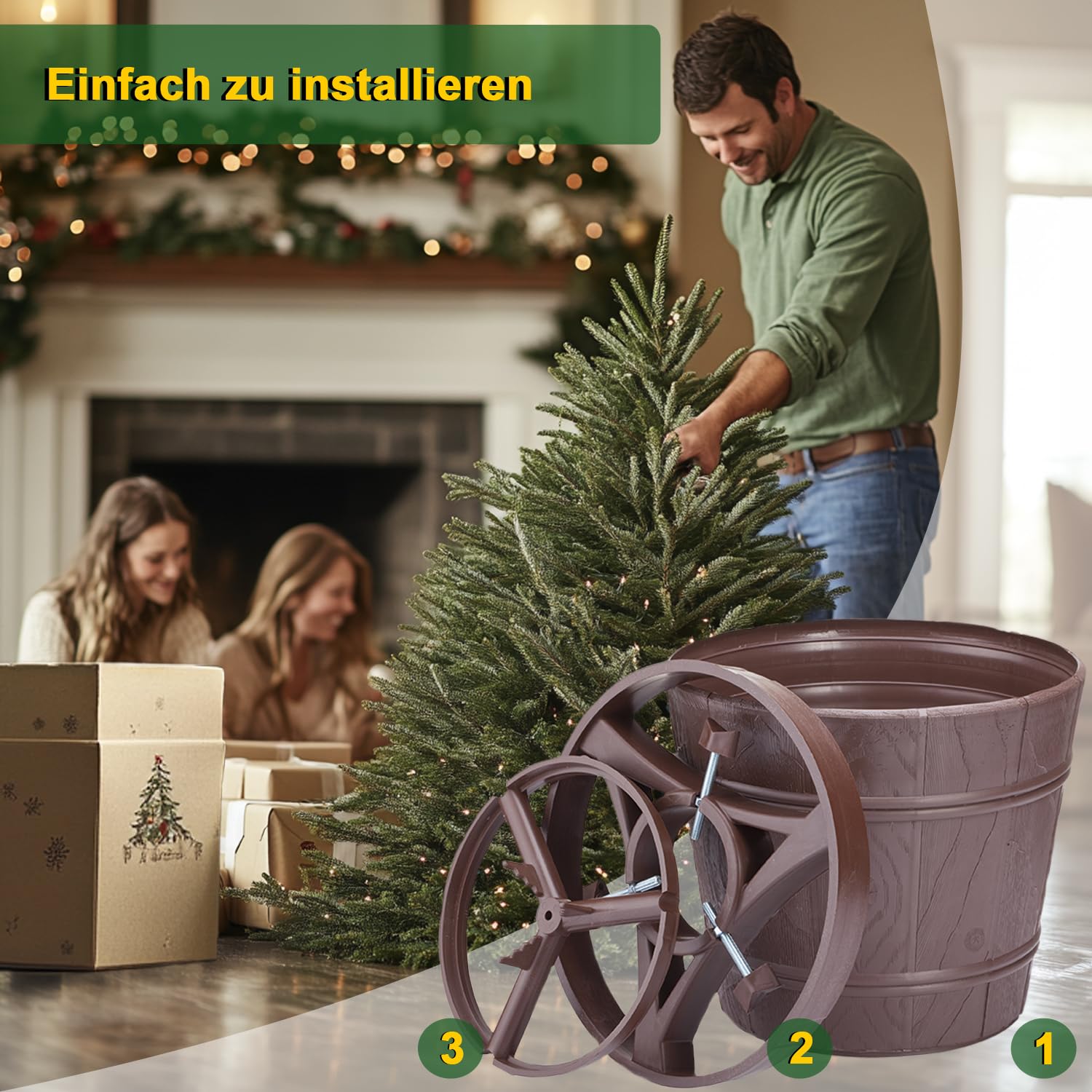 Weihnachtsbaumständer Ø 29 cm | Christbaumständer für Bäume bis Ø 9 cm - 2,5 m | Tannenbaumständer mit Baumdünger für stabile und langlebige Weihnachtsdeko, verlängert die Frische des Baumes | Braun