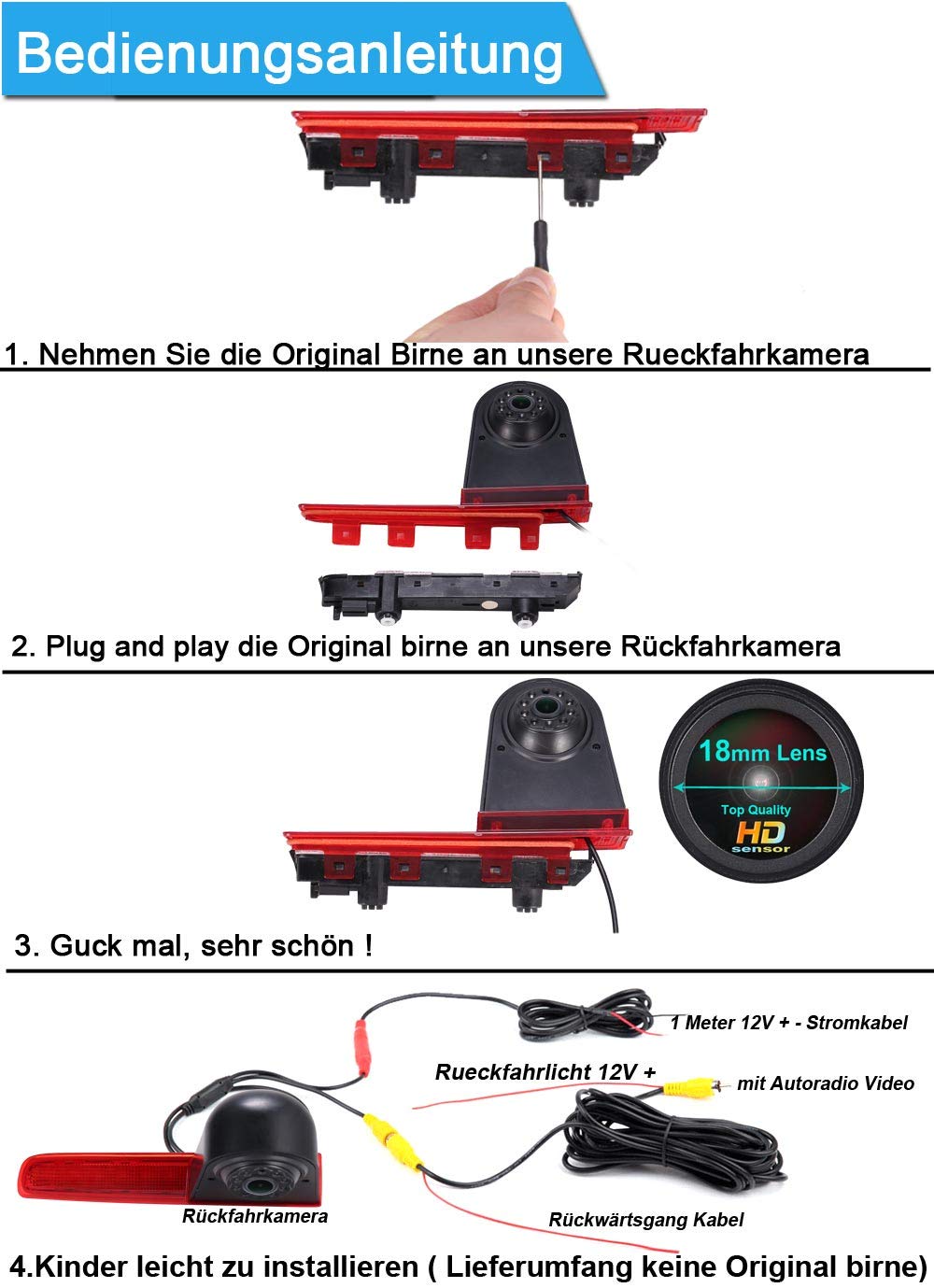 Światło hamowania, kamera, wodoszczelna, widoczność w nocy, kamera cofania, transporter system cofania + wyświetlacz LCD 4,3" do VW T5 T6 od 2010 roku, 3. światła hamowania, Caravelle Multivan Van
