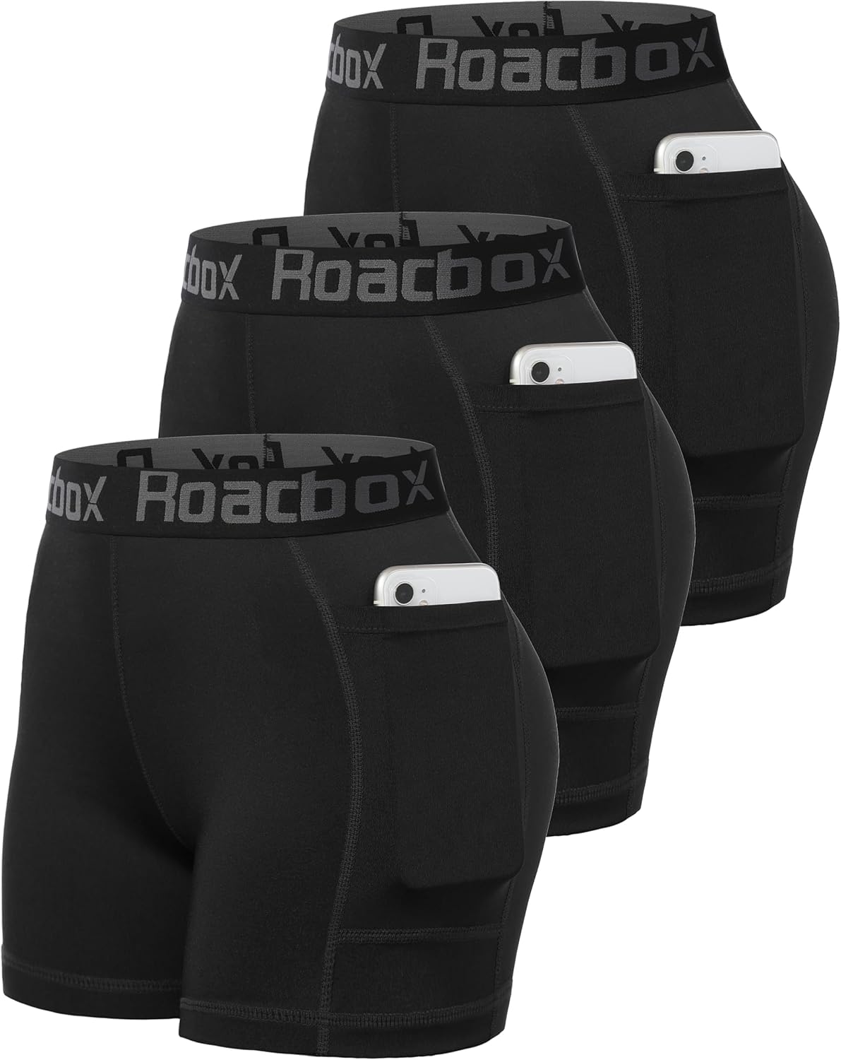 Roadbox Women's Volleyball Compression Shorts with Pockets, 3 Pack Spandex Workout Athletic Shorts for Running Gym Yoga