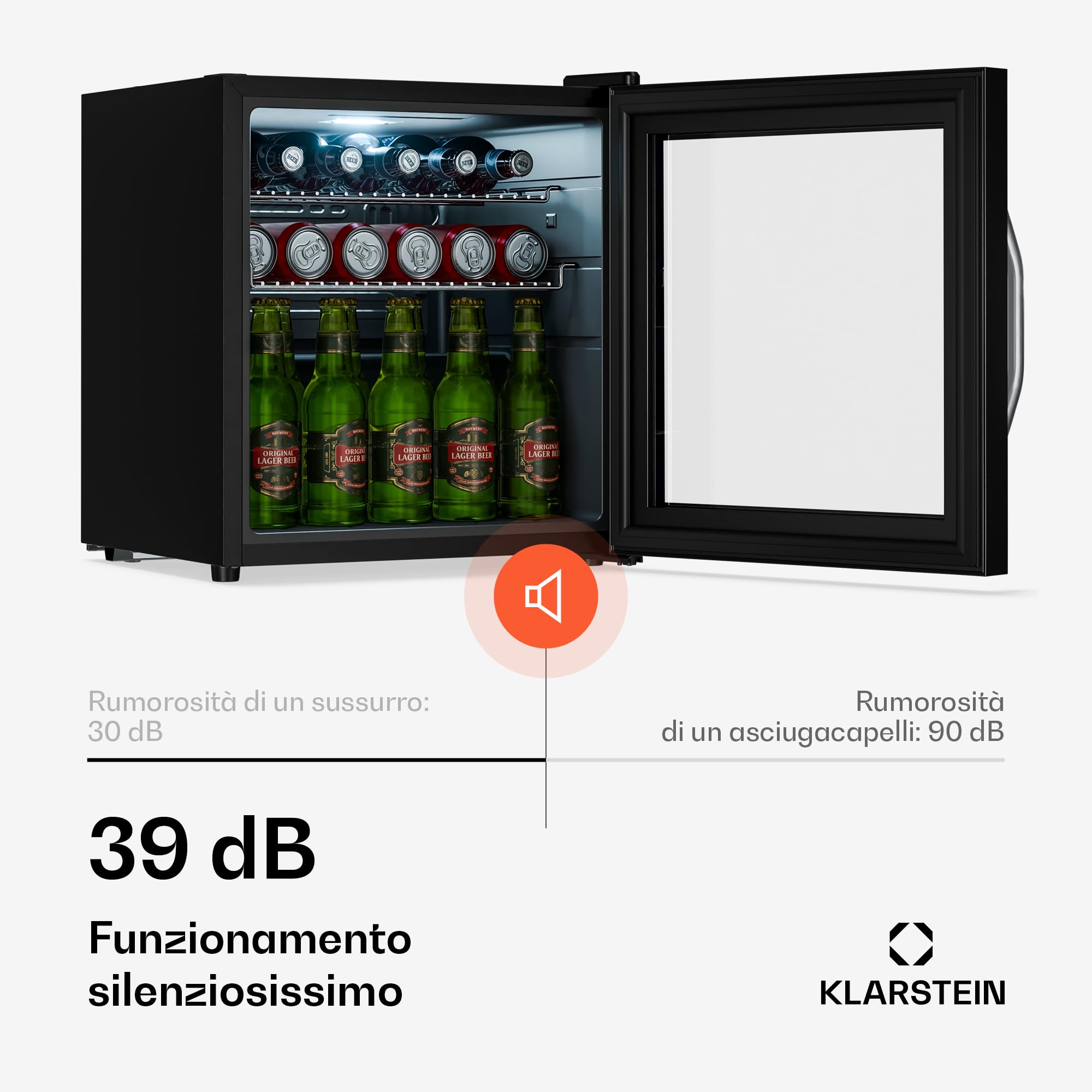 KLARSTEIN Frigo Vetrina Bibite 47L - Porta in Vetro a Specchio, LED, Temperatura 0-13°C, 2 Ripiani Removibili, Frigorifero Vetrina Bibite, Design Moderno