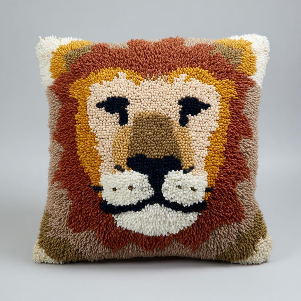 Taxpy DIY Latch Hook Kits, Animal Lion Needlework Pillow Cover 43x43cm DIY Hooks Knitted Embroidered Carpet Pillow Embroidery Latch Hook Carpet Kit