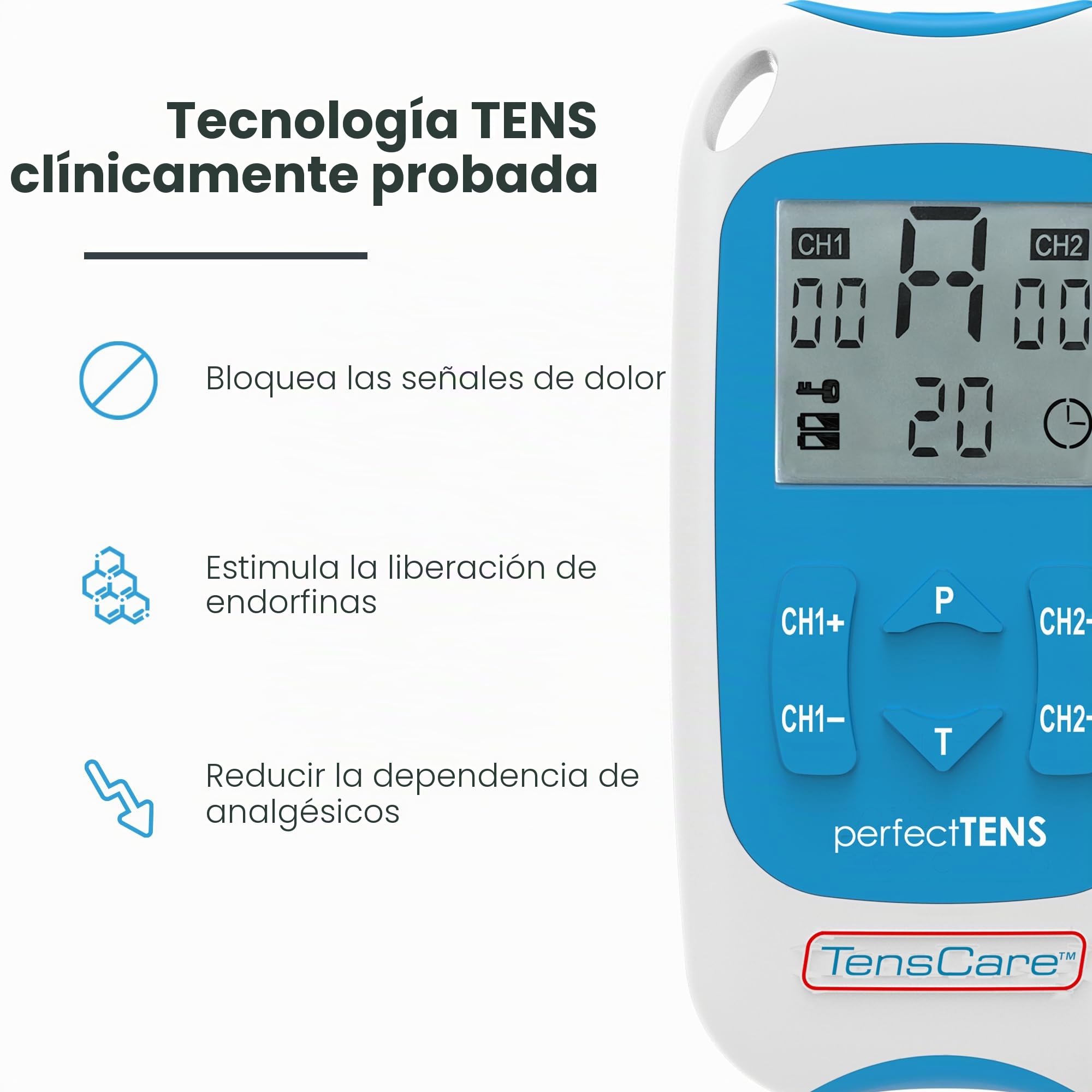 TensCare Perfect TENS con 16 electrodos para un alivio eficaz del dolor | 2 canales y 8 programas para dolores de espalda, articulaciones, músculos y crónicos.