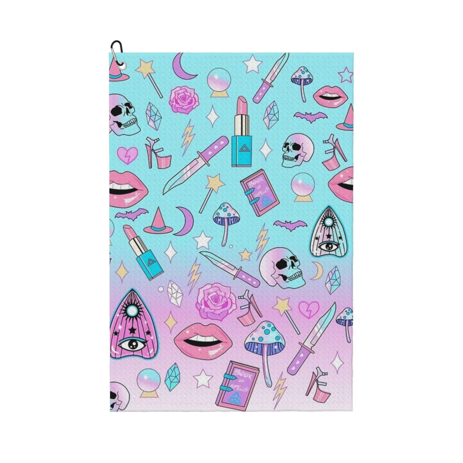 peiyeety Girly Pastel Witch Goth Pattern Golf Towel for Bags with Carabiner Clip 16 X 24 Inches Absorbent Microfiber for Men and Women Sports Accessories Golf Gifts for Men