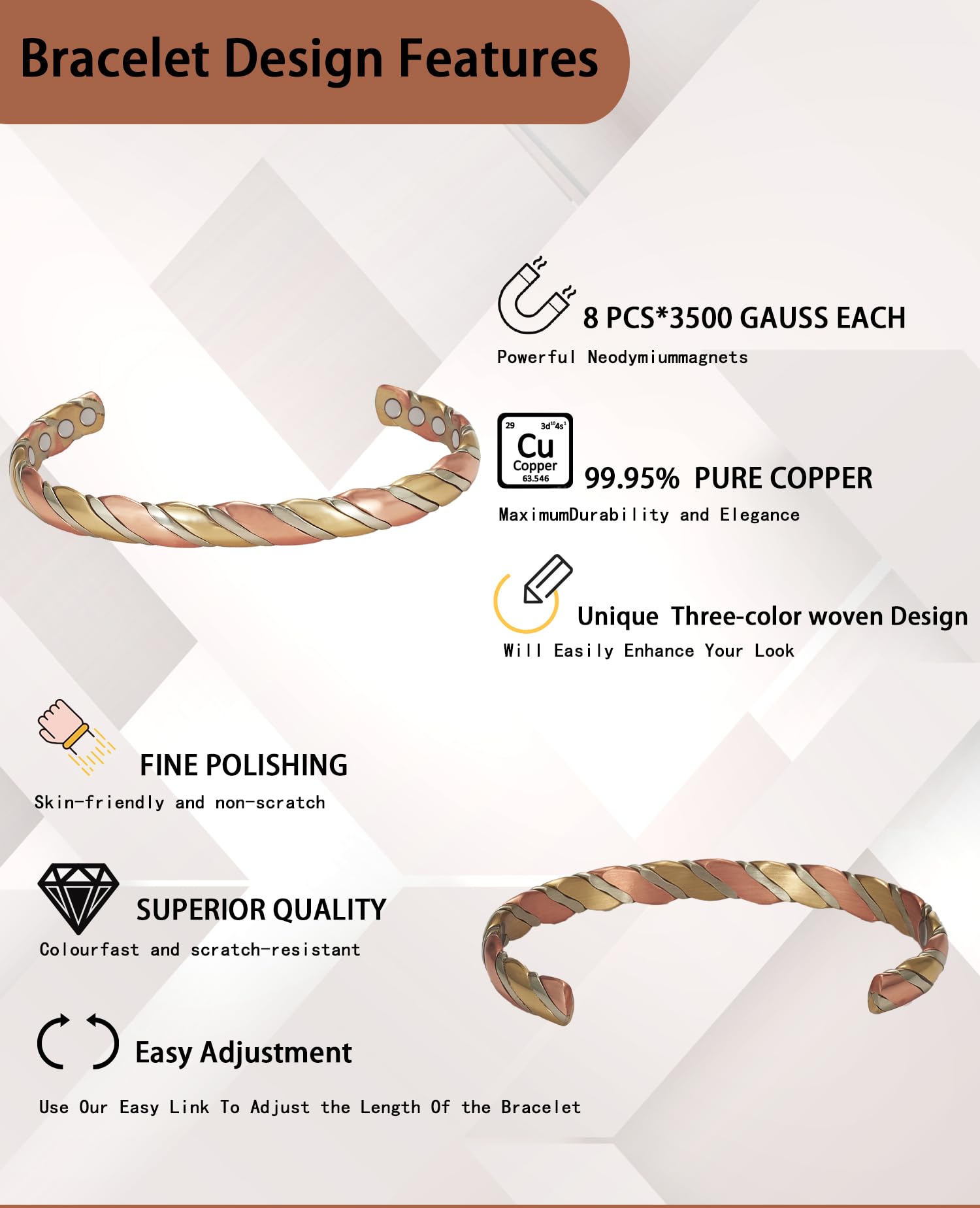 Wollet Bracelet magnétique en cuivre pour femme, bracelet manchette en cuivre – avec 8 aimants 3500 Guass avec coffret cadeau (CPB-0934-FBM)