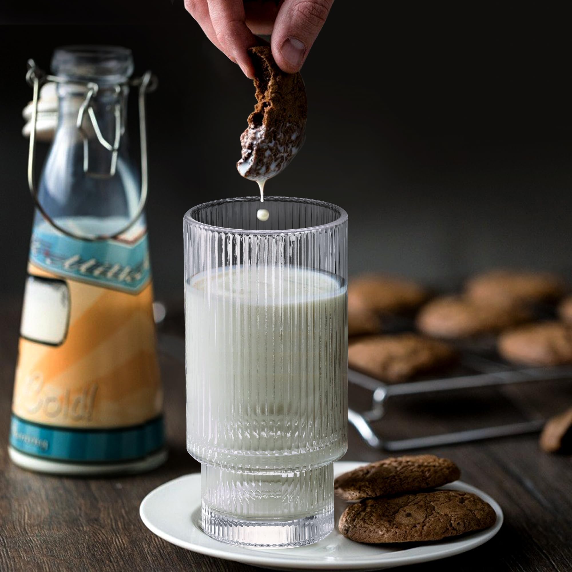AiMQnLe Glass Cups with Lids and Straws - 16 oz Iced Coffee Cups, Vintage Ribbed Drinking Glasses with Bamboo Lids, Glass Tumbler for Juice, Beer, Coffee, Milk, Cocktail, Water (4 Pack) (4) 1