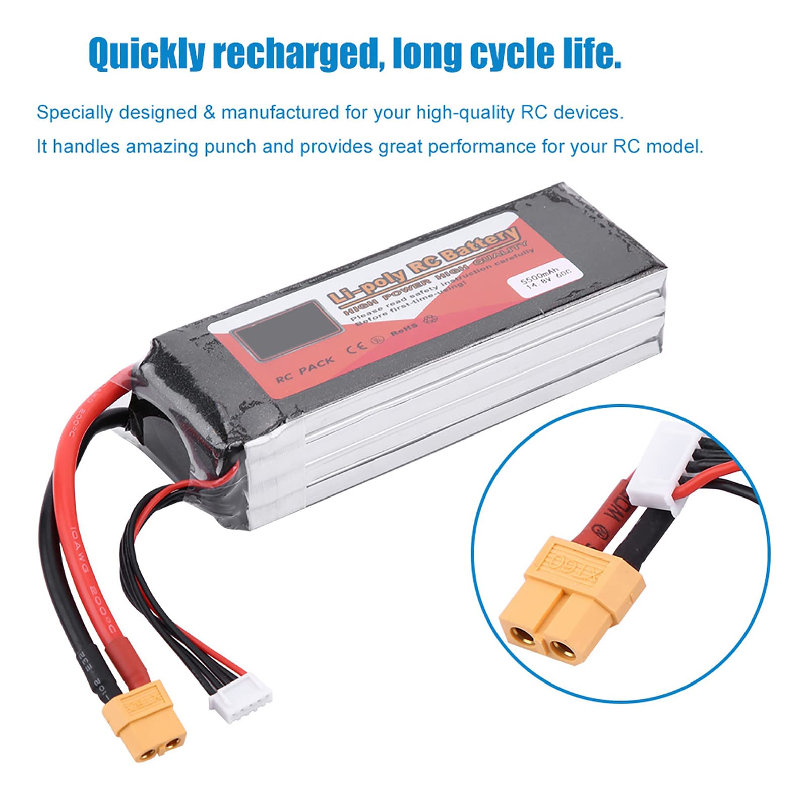 Zapewnia doskonałą wydajność Akumulatora LiPo 5000 MAh 4s do Samolotu RC, Helikoptera RC, Drona i Quadkoptera (Wtyczka 14,8 V 5500 mAh 60C XT60)