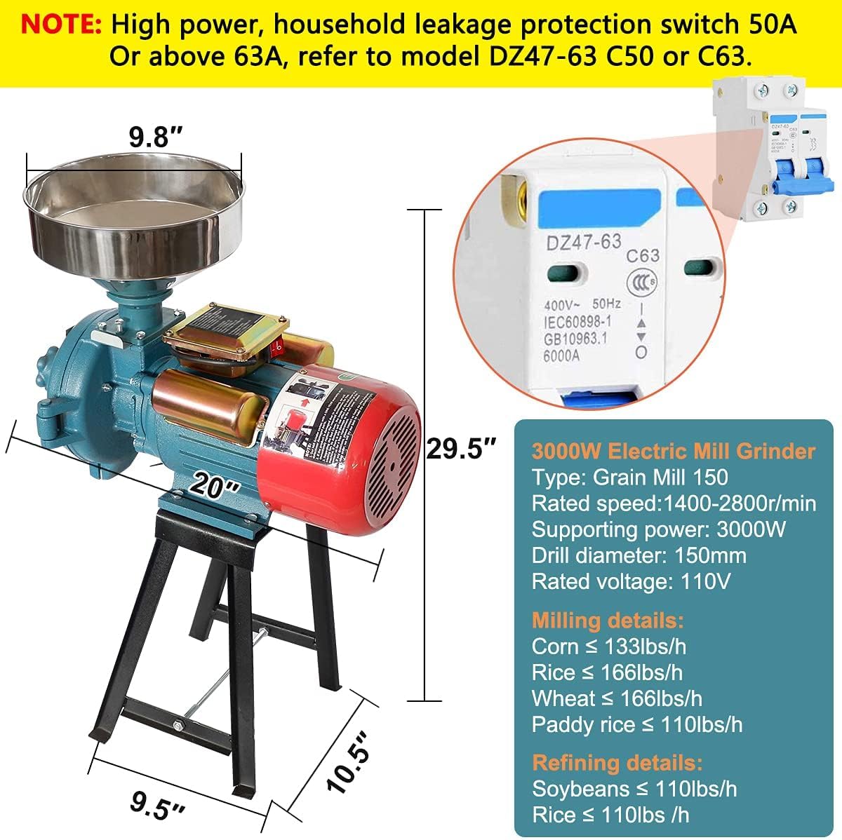 Slsy Heavy Duty Electric Dry Grain Mill Grinder, 3000W High Power Milling Machine, 110V Commercial Flour & Feed Grinder for Corn, Wheat, Rice, Coffee Beanss