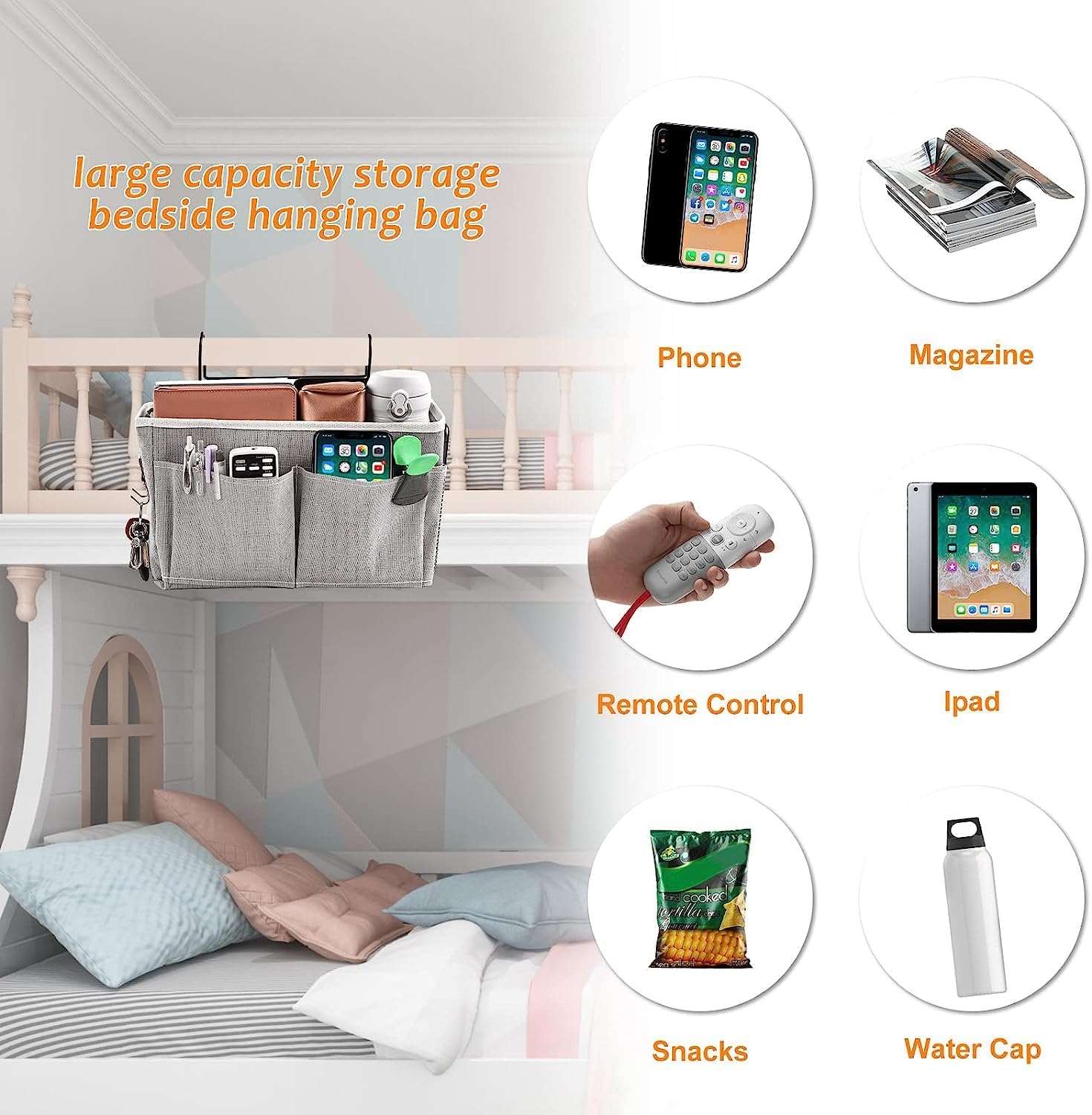 Cheet enterprise Polycarbonate Bedside Hanging Storage Bag Clothes Basket Organizer for Tablets, Magazines, Books, Phones, Remote Control Bedroom Organizer, Cleaning Supplies, Grey 1