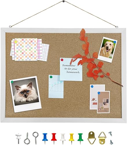 Miniatura 1 de Tablero de anuncios de corcho, marco rectangular de madera de roble blanco de 15.7 x 12 pulgadas para oficina, hogar y escuela (pines, pernos de