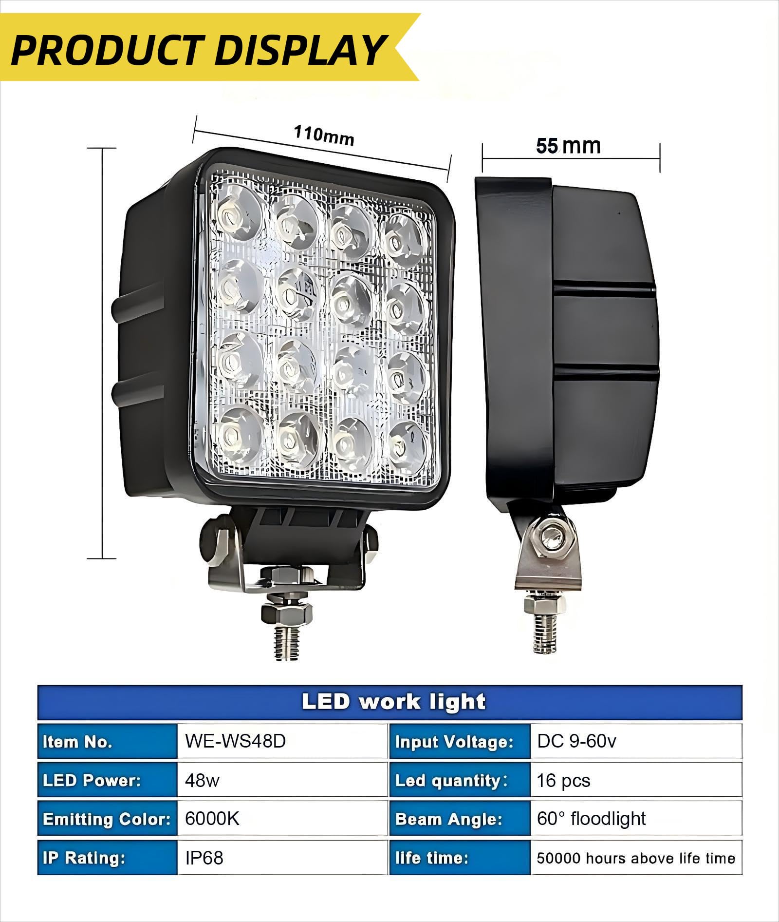 Faro da lavoro Led, 10x48W Trattore Auto,12v 24v,46mm Spessori Faretto Faro Luci da Lavoro a led,Off-road Fendinebbia Impermeabile Per Fuoristrada Moto 4WD SUV ATV Camion