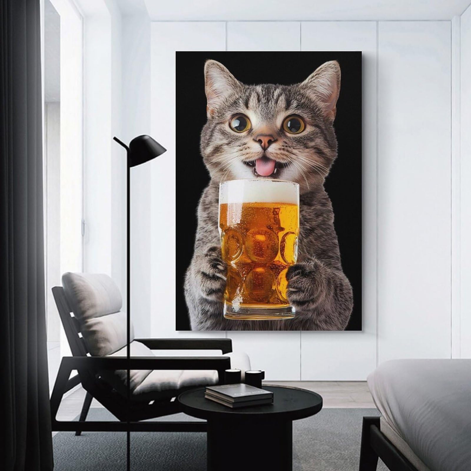 Junmoney Cat Drinking Beer Wall Picture Print 24x36inch(60x90cm), for Lounge Decor, Offices Or Entryway Styling, Versatile Wall Decor for Many Rooms