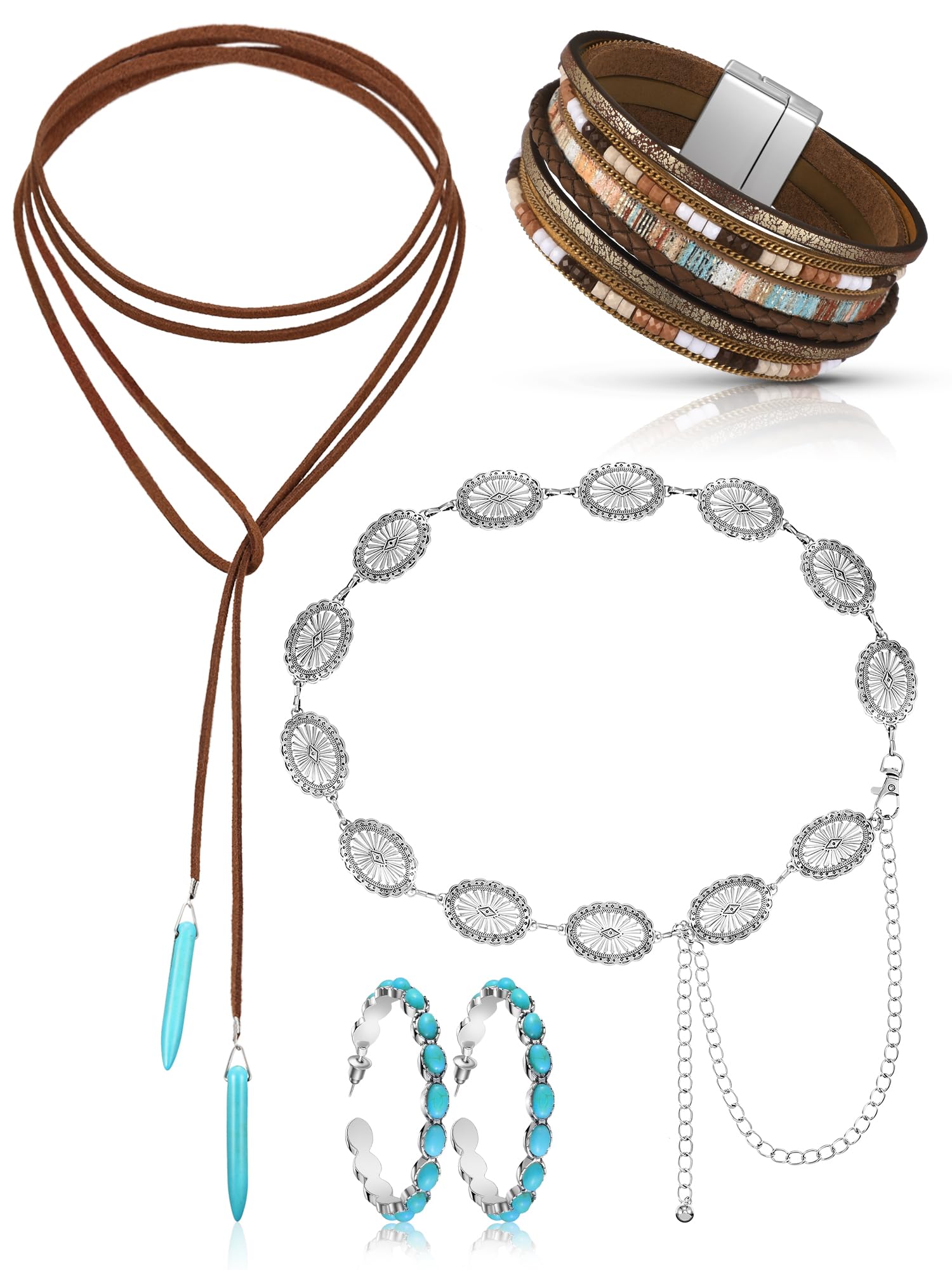Nosiny4 Pcs Bohemian Jewelry Turquoise Set for Women Western Turquoise Set Waist Belt Vintage Drop Earring and Necklace Boho Wrap Bracelet