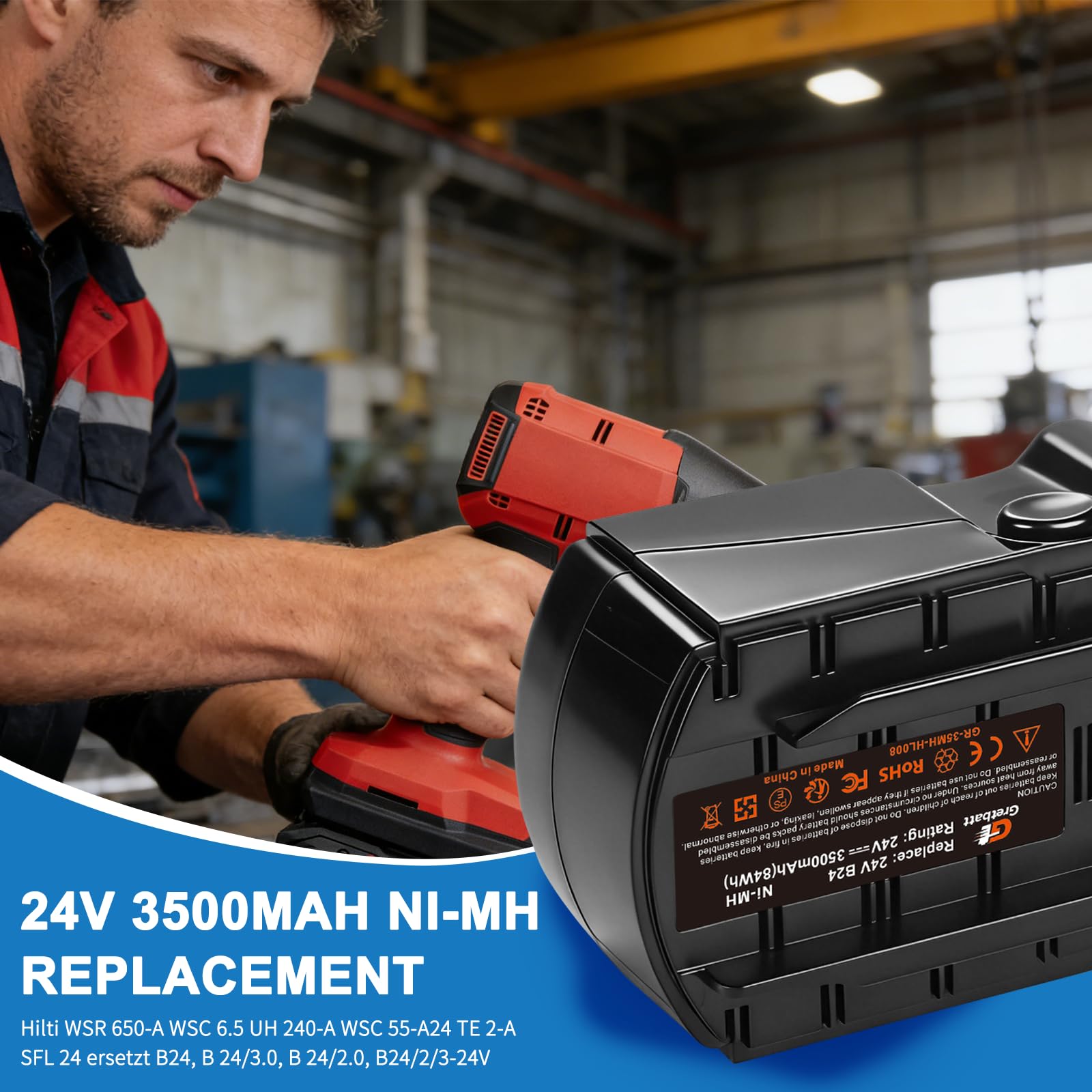 Batería de Ni-MH de 24V y 3500mAh para Hilti WSR 650-A, WSC 6.5 UH, 240-A, WSC 55-A24 Te 2-A, SFL 24. Sustituye a B24, B 24/3.0, B 24/2.0 y B24/2/3-24V.