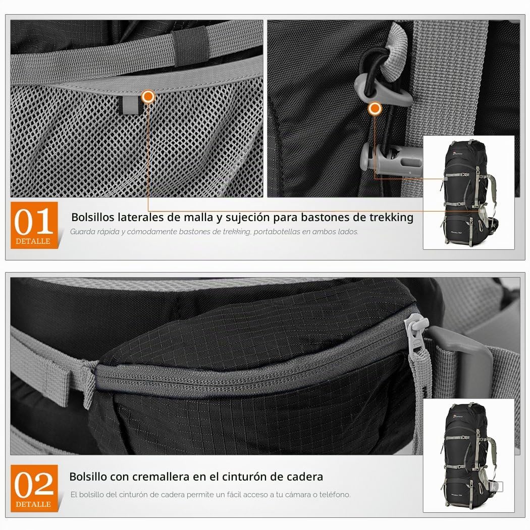 MOUNTAINTOP 70L Mochila de Senderismo para Hombre y Mujer, Mochila Trekking Unisex, Espaciosa y Resistente para Montaña, Viajes y Acampadas, con Soporte Lumbar Acolchado y Múltiples Bolsillos | Para trekking larga distancia y acampada, cremalleras YKK, fu