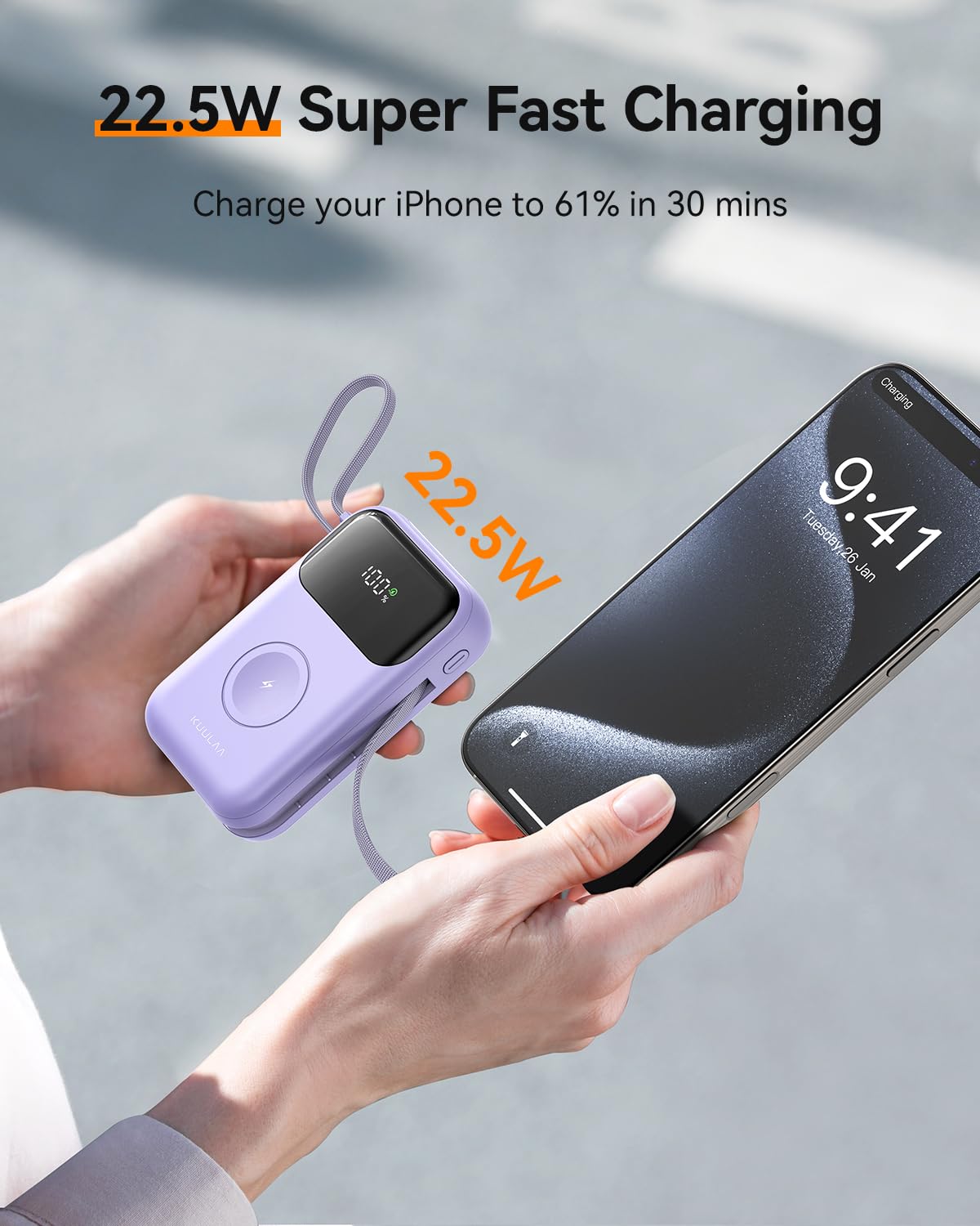 Kuulaa Portable Charger 10000mAh PD 20W Fast Charging Portable Charger Power Bank with Built in Cables, Travel Battery Pack for iPhone 16/15/14/13/12 and Apple Watch Ultra/9/8/7/6/5/4/3/2, Purple