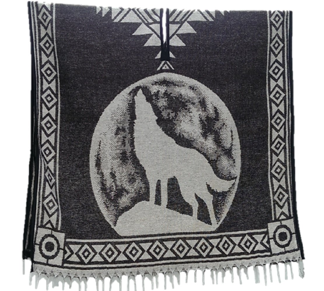 Sharpshooter Brown Full Moon Howling Wolf Poncho & Black Cowboy Hat Set (Brown Poncho Only, Adult Unisex)