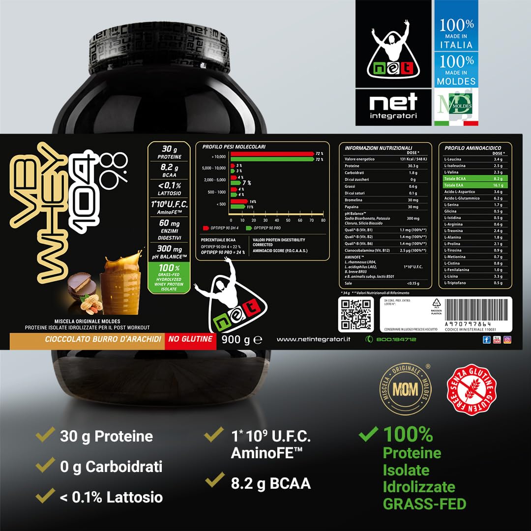 NET Integratori VB WHEY 104 9.8 Optipep - 900g Cioccolato al Burro Dâ€™Arachidi - Proteine Isolate Idrolizzate per via Enzimatica Con EAA e BCAA - Massimizza la Crescita e Mantenimento Muscolare