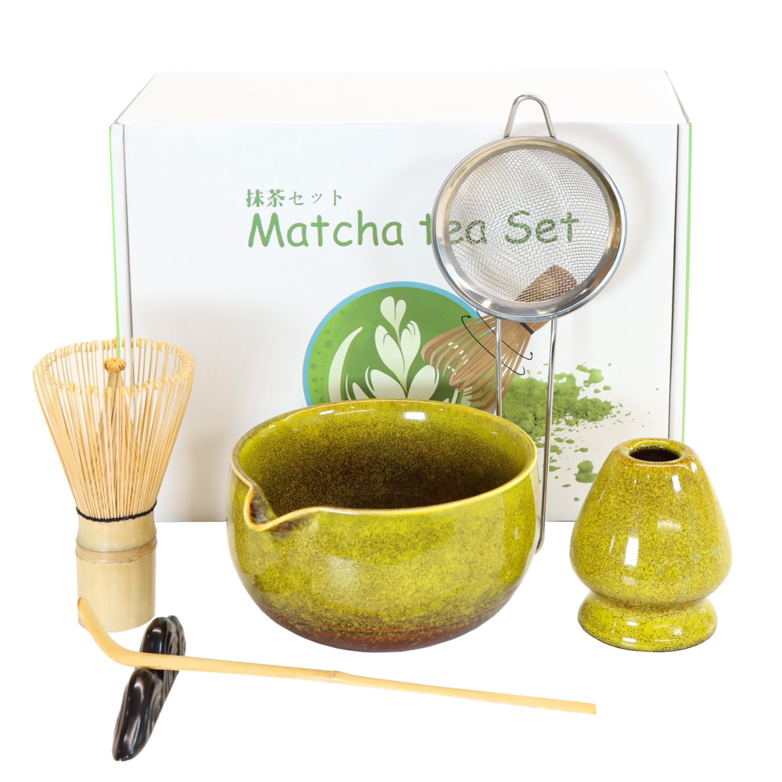 Matcha Set Handgedrehtes Matcha Tea Set mit Bambus Matcha Besen, Keramik Matcha Schale, Löffel und Halter, 7 Stk Prämie Ceremonial Matcha Set