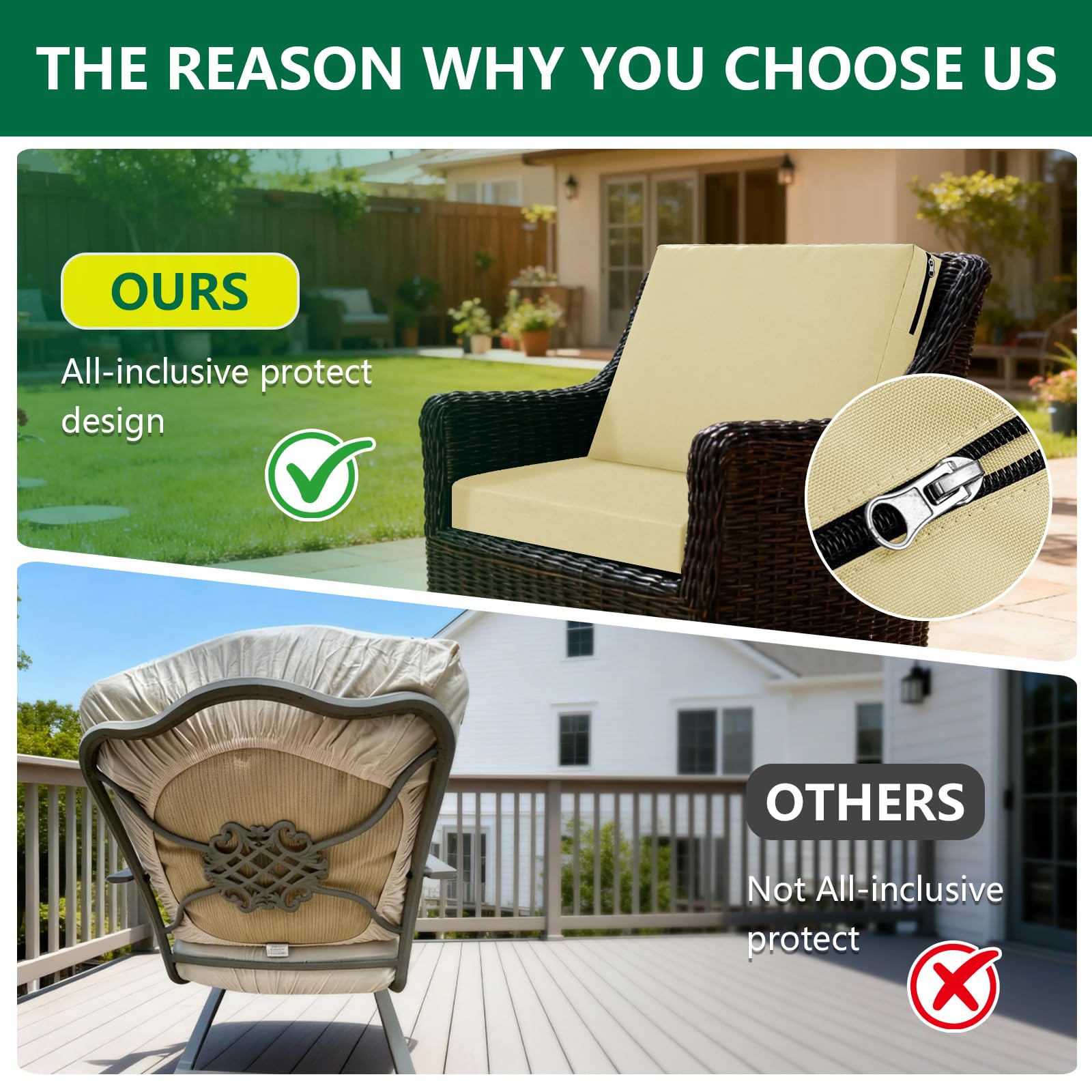 SYLC Lot De 8 Housse Coussin Exterieur Impermeable, Housses Assise Canapé Protection avec Fermeture Éclair, Housse Siège Salon Jardin Terrasse (Beige,4pcs 60×55×10cm＋4pcs 55×50×10cm)