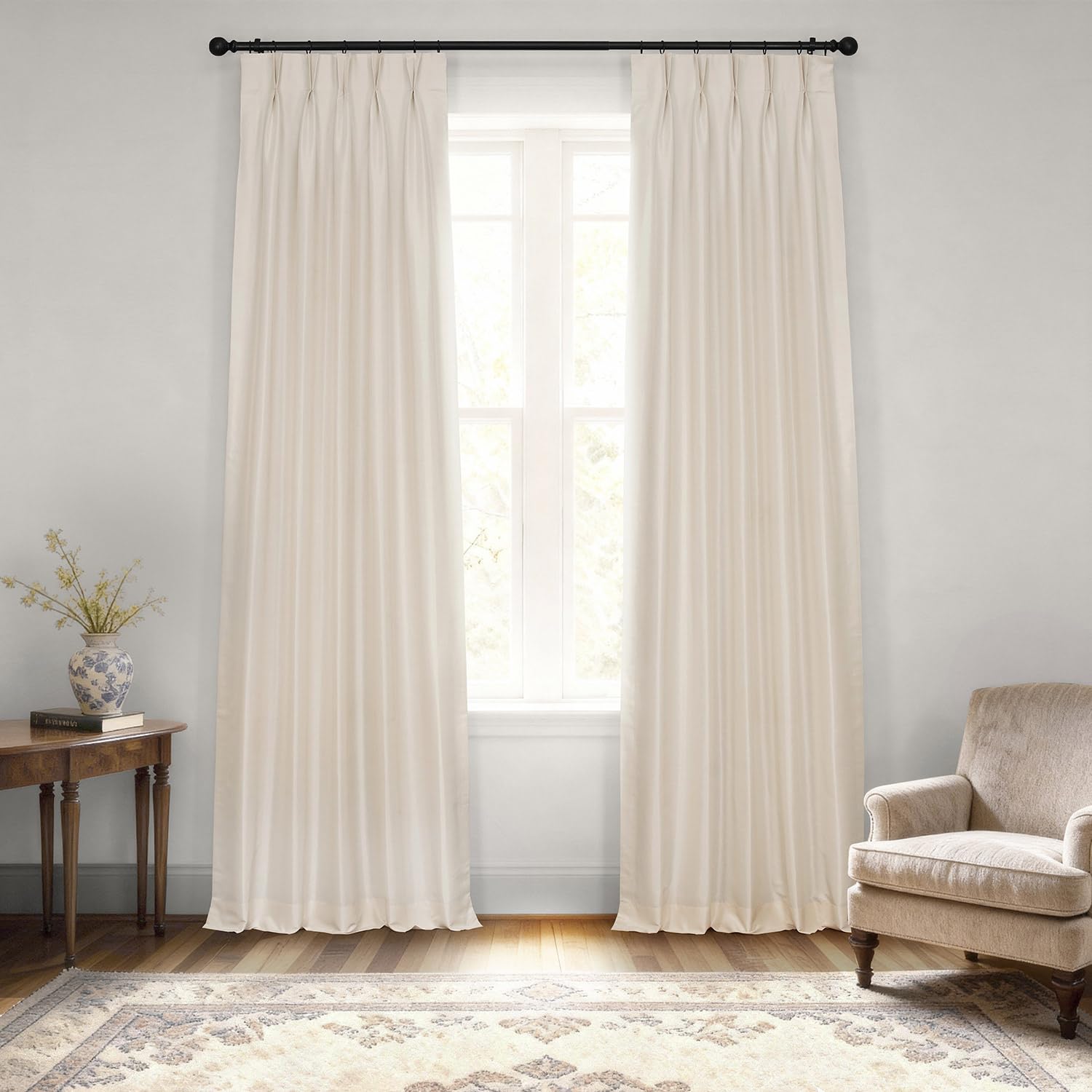 Blackout Curtains for Bedroom Vintage Textured Faux Silk French Pleated Curtains for Living Room (1 Panel), 25 X 96, Off White